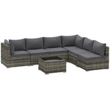 Outsunny 7 Pieces Outdoor PE Rattan Corner Sofa Set, Patio Wicker Conversation Chaise Lounge Furniture w/ Tempered Glass Table-top & Soft Padded Cushion for Garden, Backyard, Lawn, Dark in Sophisticated Grey