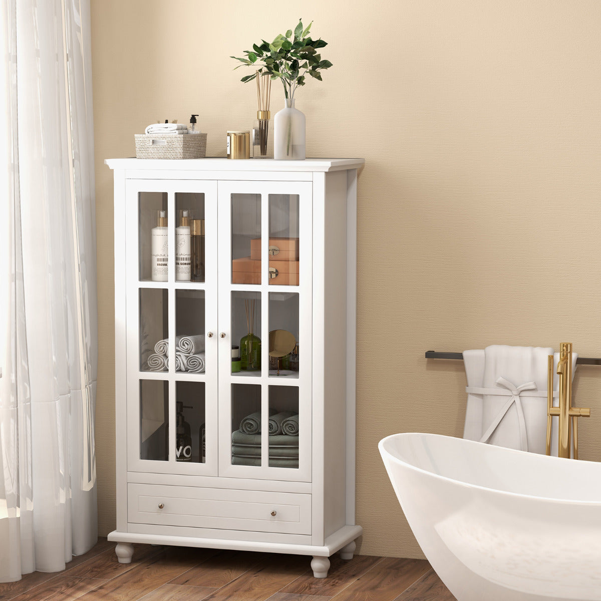 Bookcase Cabinet with Tempered Glass Doors and Adjustable Shelf-White