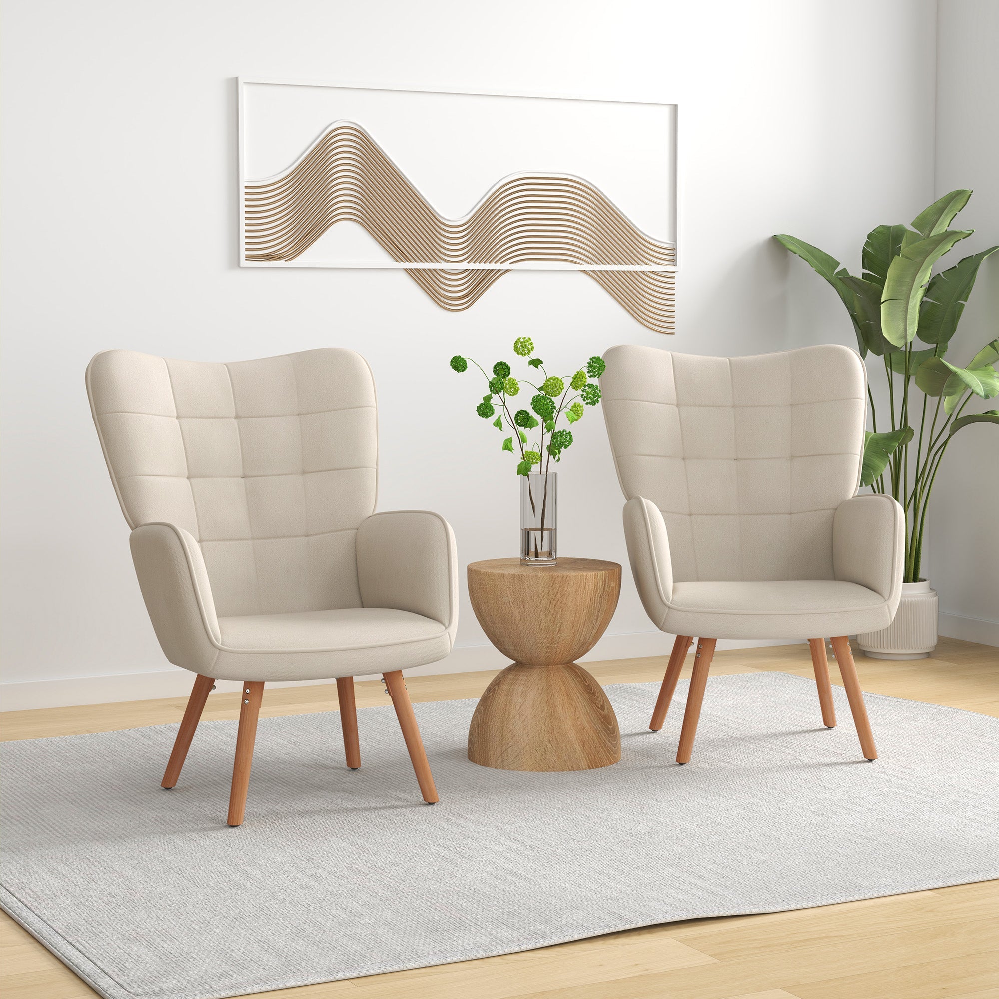 Elegant HOMCOM Modern Accent Chair Set of 2 Velvet-Touch Tufted Wingback Armchair Upholstered Leisure Lounge Sofa Club Chair with Wood Legs, Cream White