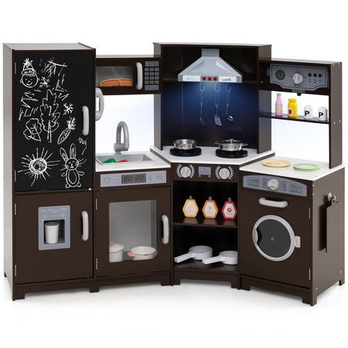 Corner Wooden Play Kitchen with Lights Sounds Toy Kitchen Playset-Espresso