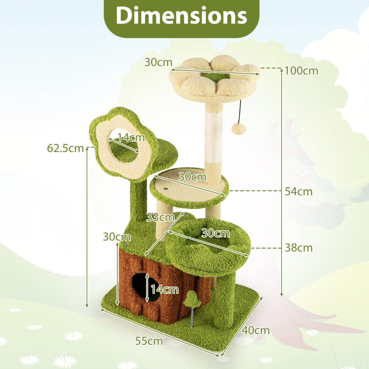 Cute Cat Tree for Adult Cats with Trunk Condo and Flower Perch-