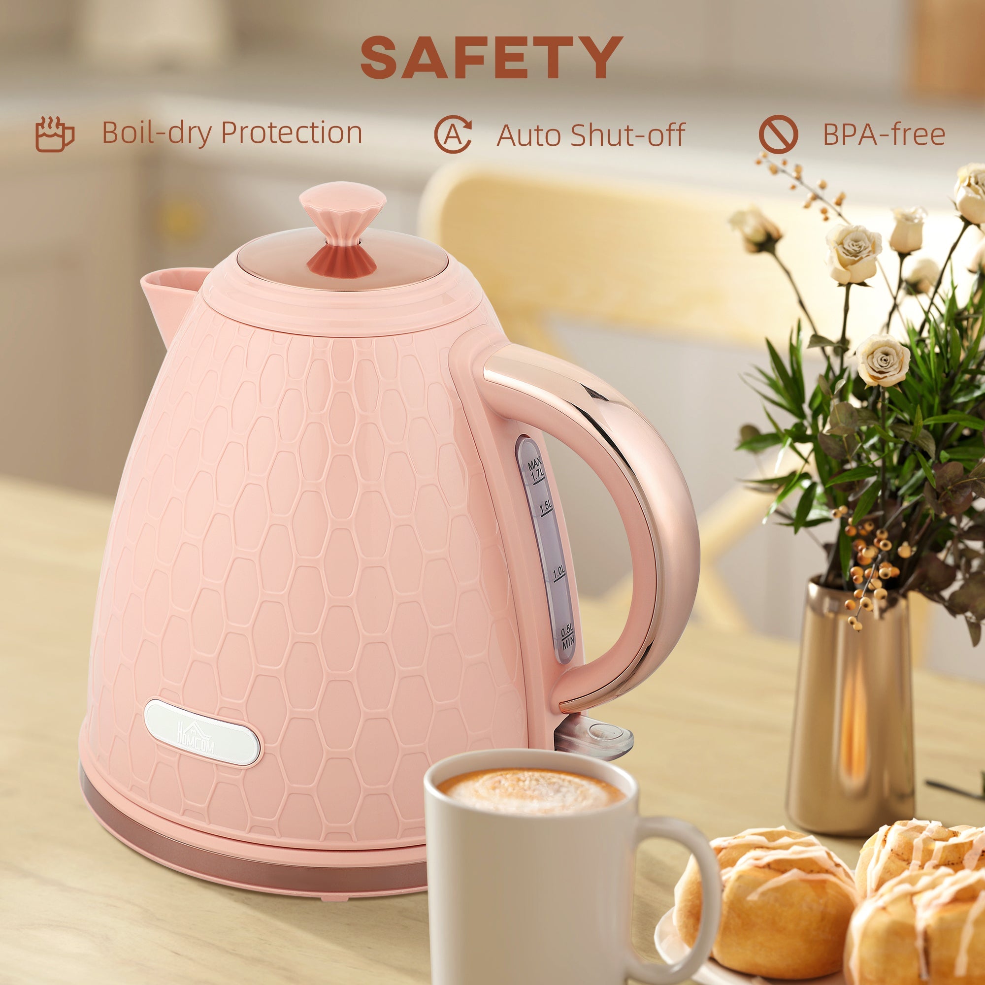 Elegant HOMCOM 3kW Rapid Boil Honeycomb Kettle - Light Pink