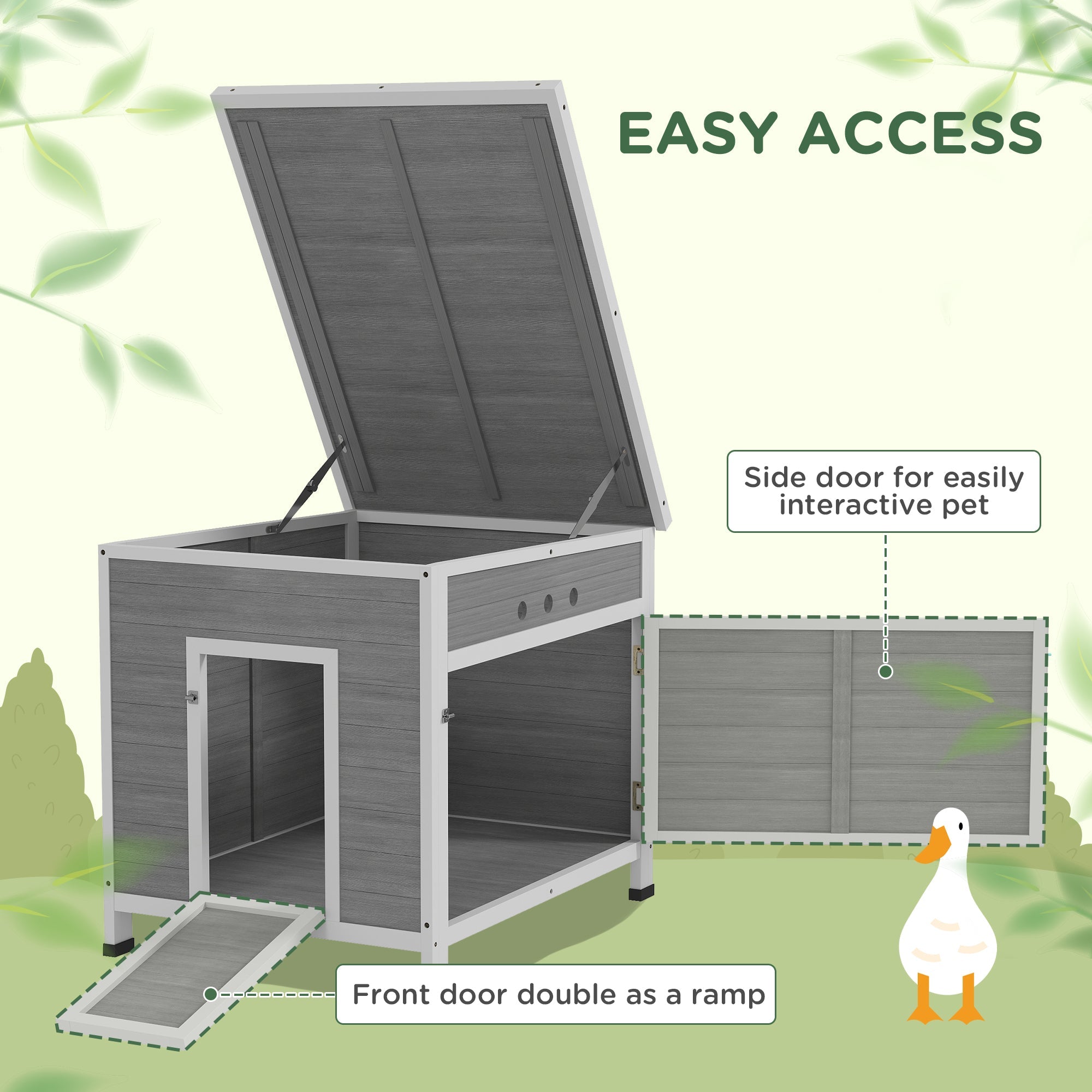 PawHut Wooden Duck House with Ramp, Double Doors, Openable Asphalt Roof, Ventilation Holes, Removable Base, Light in Sophisticated Grey