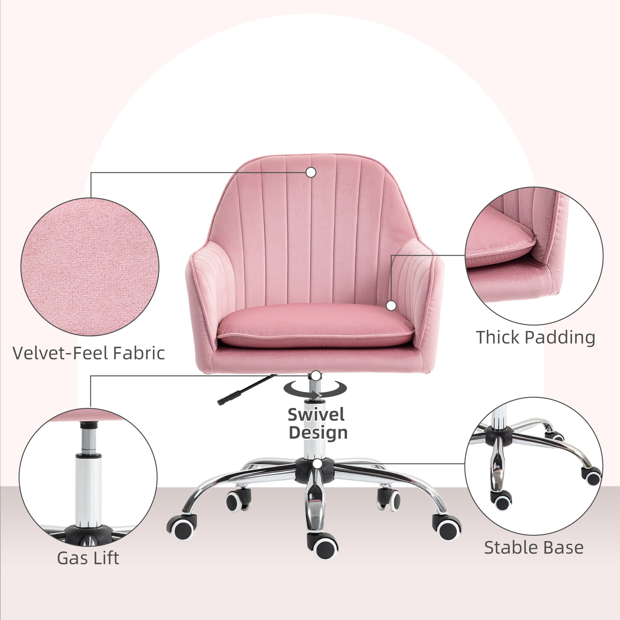 Elegant HOMCOM Velvet-Feel Tub Office Chair, with Seat Cushion - Dark Pink