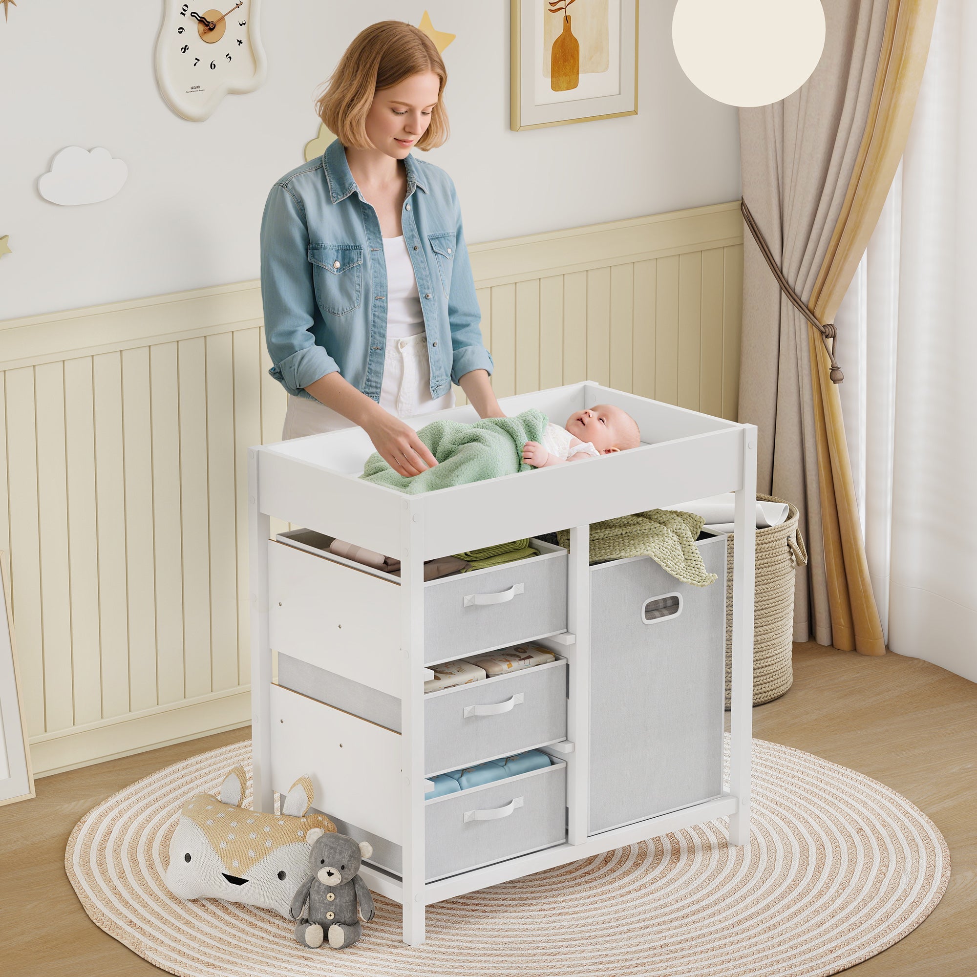 AIYAPLAY Baby Changing Unit with 4 Spacious Storage Drawers, Mat for Bedroom Nursery, 84 x 84.5 cm, White