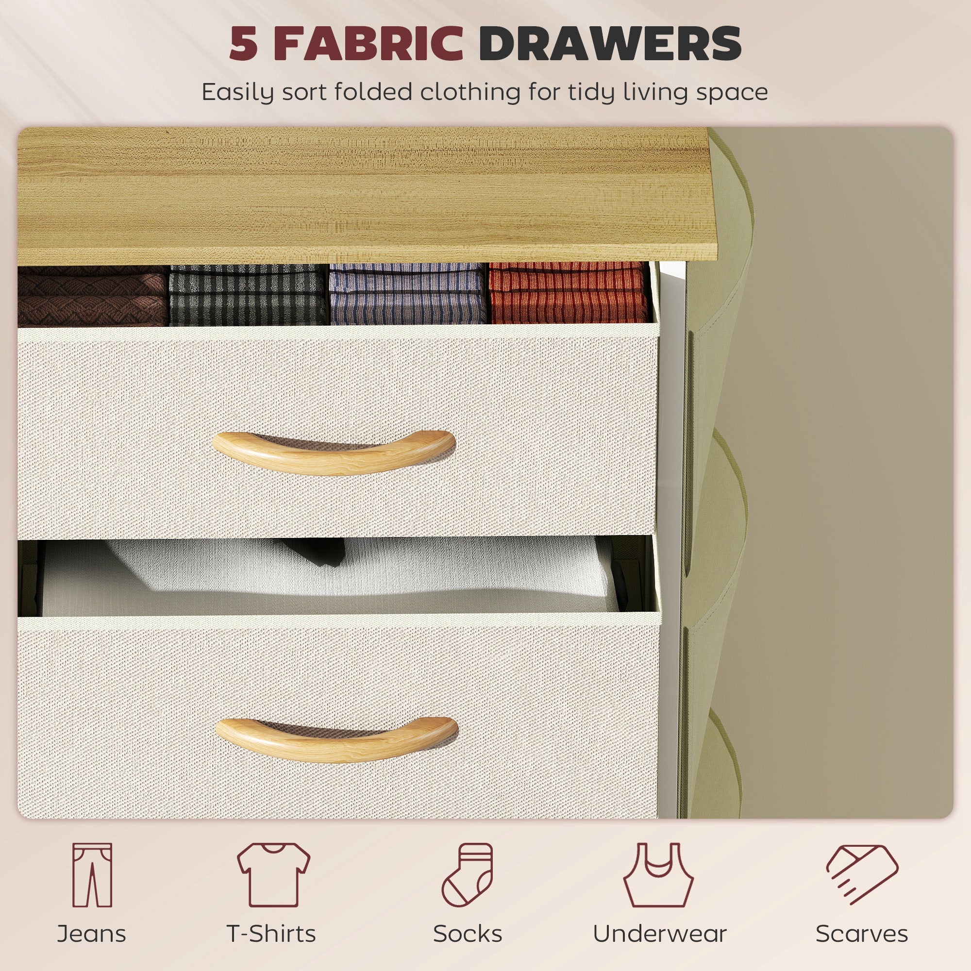 Elegant HOMCOM Chest of Five Fabric Drawers - Beige