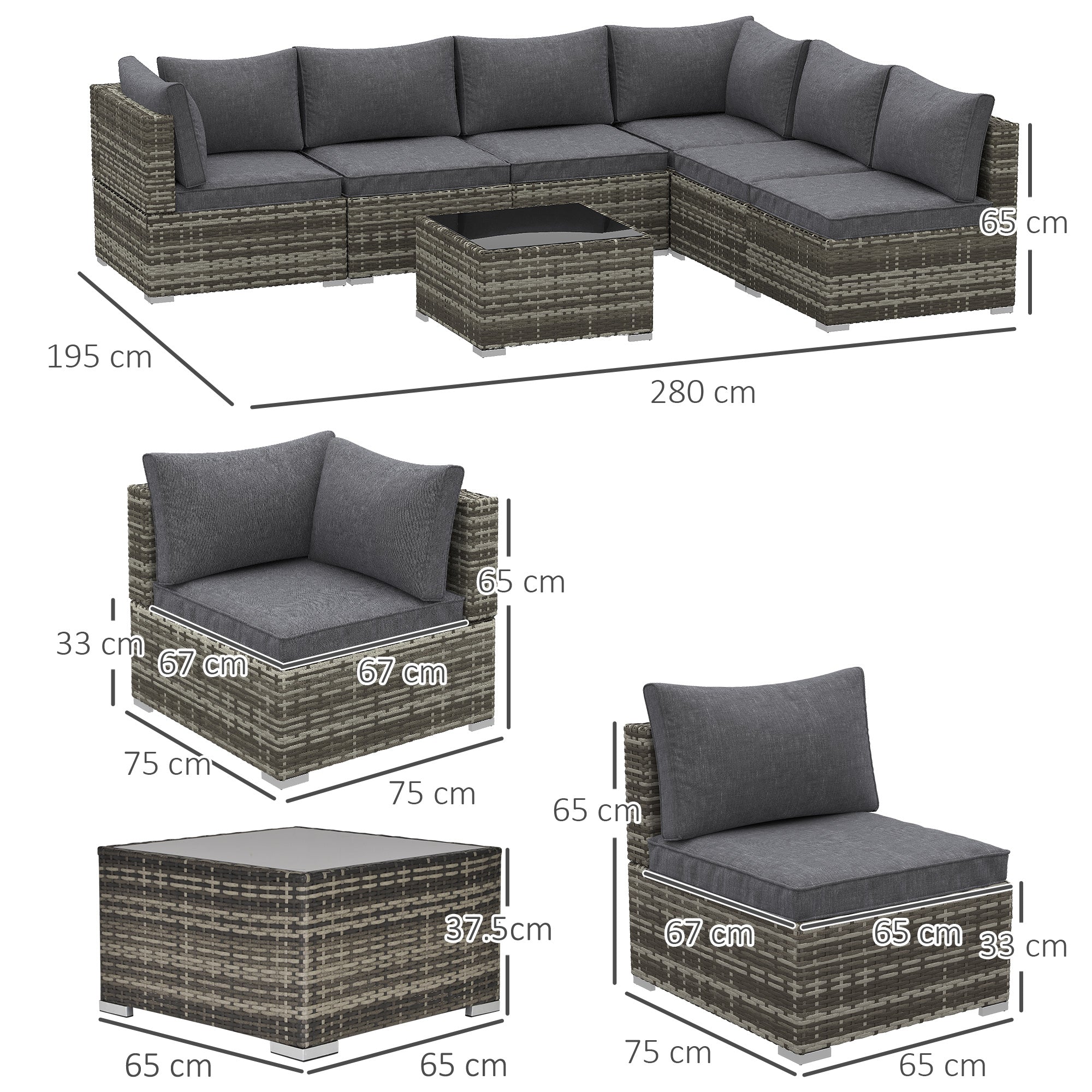 Outsunny 7 Pieces Outdoor PE Rattan Corner Sofa Set, Patio Wicker Conversation Chaise Lounge Furniture w/ Tempered Glass Table-top & Soft Padded Cushion for Garden, Backyard, Lawn, Dark in Sophisticated Grey