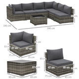 Outsunny 7 Pieces Outdoor PE Rattan Corner Sofa Set, Patio Wicker Conversation Chaise Lounge Furniture w/ Tempered Glass Table-top & Soft Padded Cushion for Garden, Backyard, Lawn, Dark in Sophisticated Grey