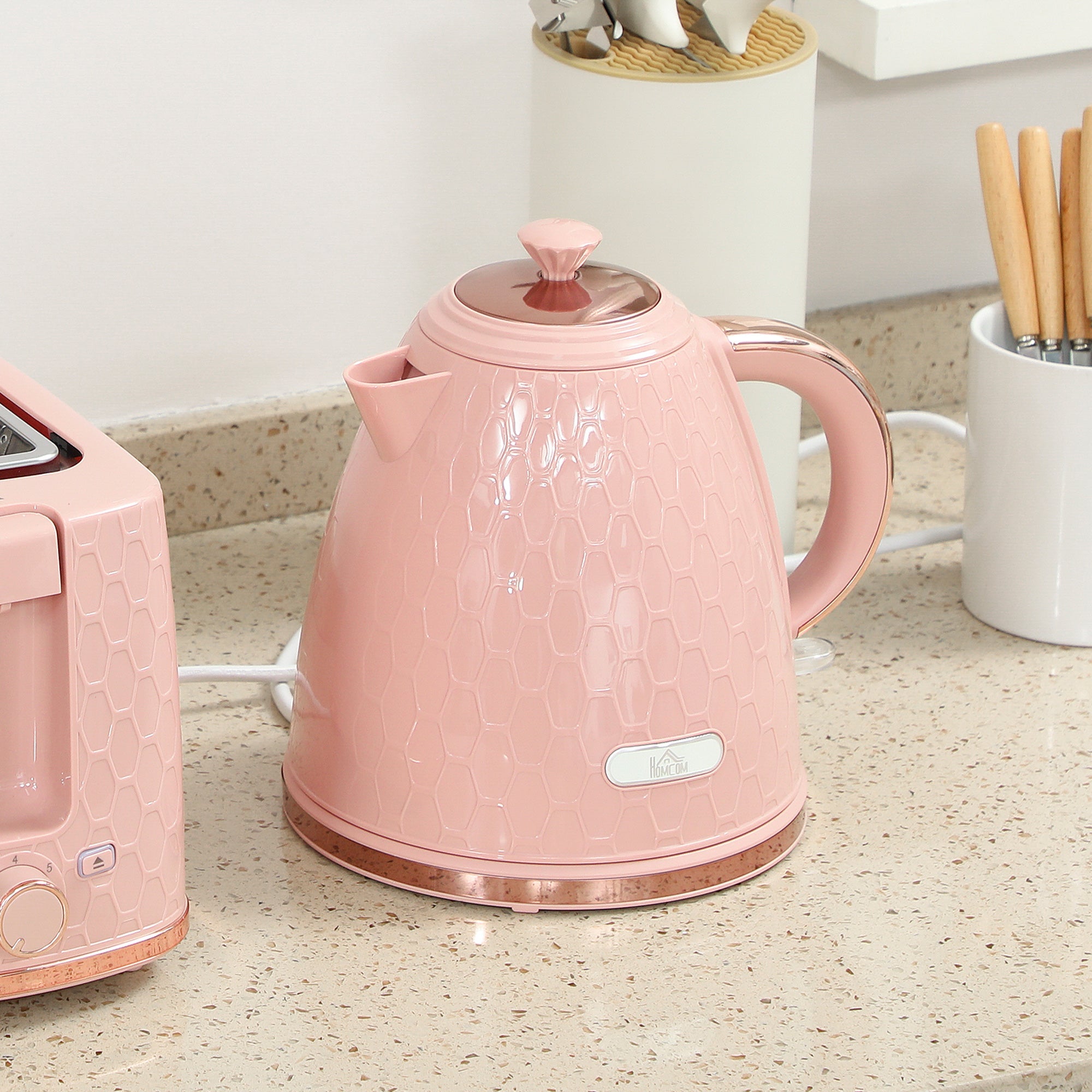 Elegant HOMCOM 1.7L 3000W Fast Boil Kettle & 2 Slice Toaster Set, Kettle and Toaster Set with Auto Shut Off, Browning Controls, Light Pink