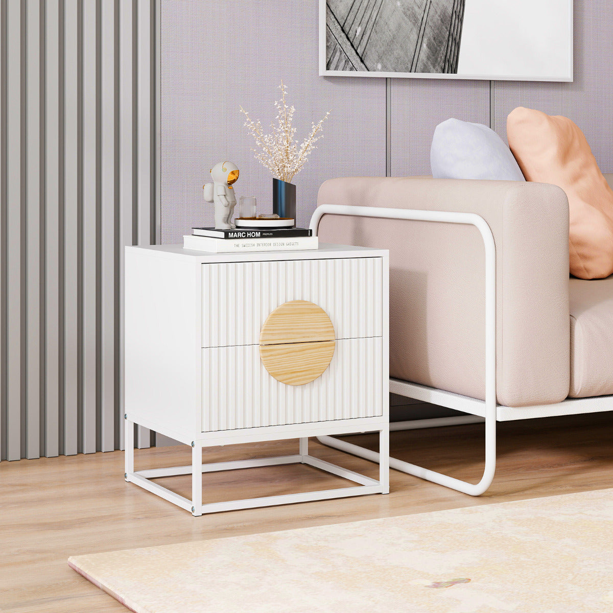 Fluted Nightstand Modern Mid Century Side Table-