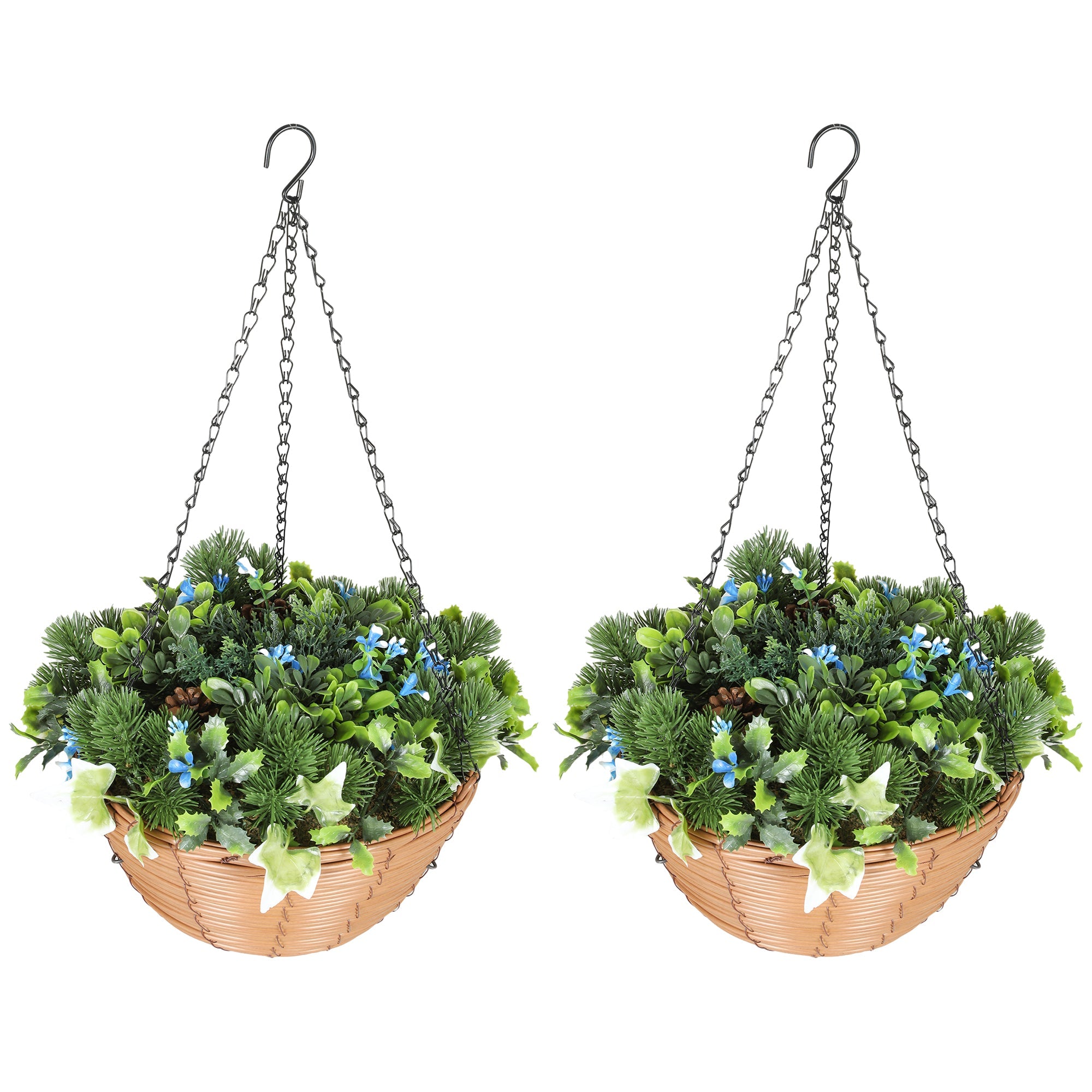 Elegant HOMCOM Artificial Flowers in Basket Set of 2, Artificial Hanging Baskets with PE Leaves, 18 Flowers and 3 Pinecones in Pot, Decorative Faux Plant for Home Office Decor, Green