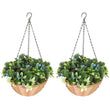 Elegant HOMCOM Artificial Flowers in Basket Set of 2, Artificial Hanging Baskets with PE Leaves, 18 Flowers and 3 Pinecones in Pot, Decorative Faux Plant for Home Office Decor, Green