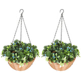 Elegant HOMCOM Artificial Flowers in Basket Set of 2, Artificial Hanging Baskets with PE Leaves, 18 Flowers and 3 Pinecones in Pot, Decorative Faux Plant for Home Office Decor, Green