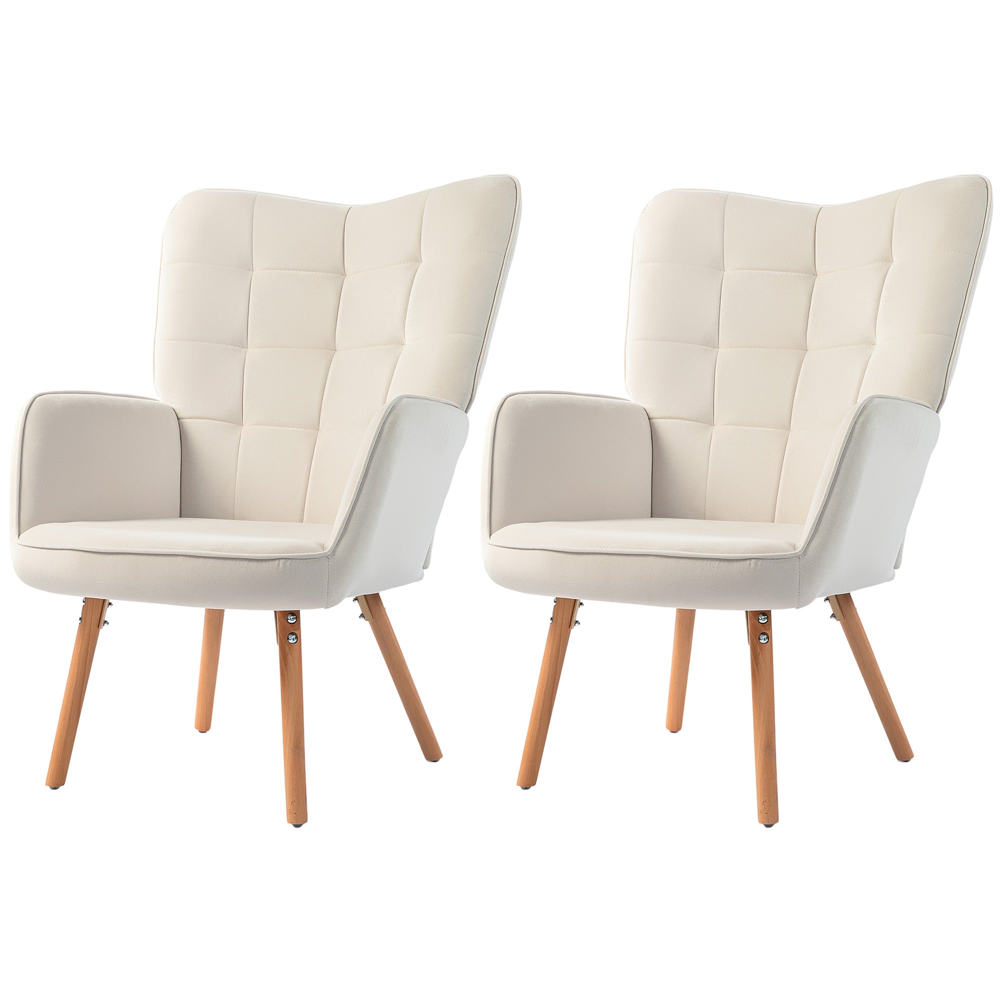 Elegant HOMCOM Modern Accent Chair Set of 2 Velvet-Touch Tufted Wingback Armchair Upholstered Leisure Lounge Sofa Club Chair with Wood Legs, Cream White