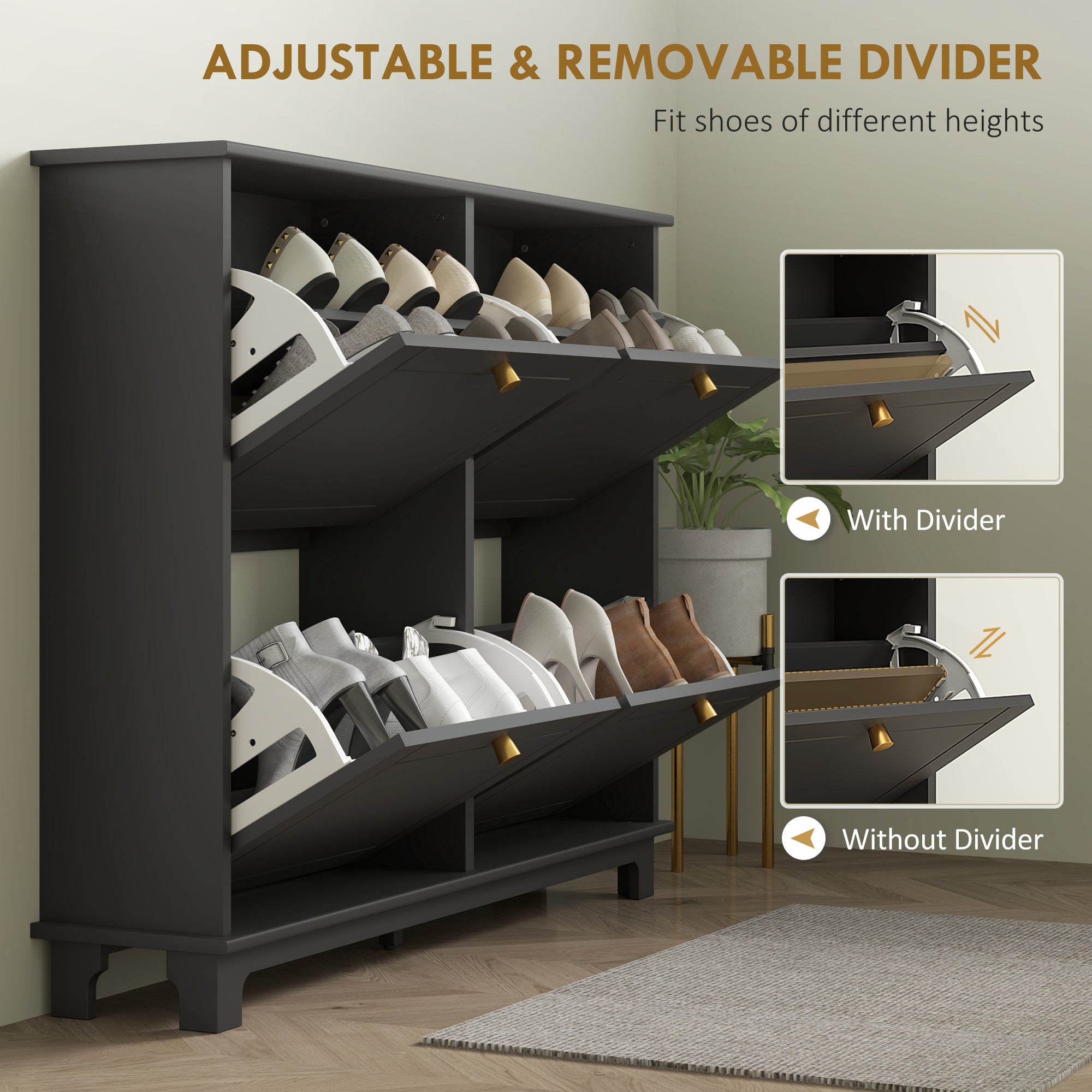 Elegant HOMCOM Narrow Shoe Spacious Storage Cabinet, Slim Shoe Cabinet with 4 Flip Drawers, Adjustable Shelves for 16 Pairs of Shoes, Black