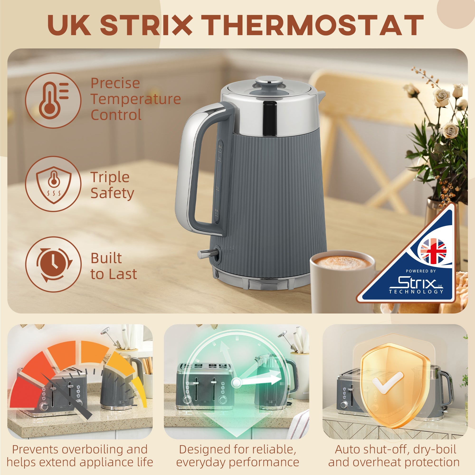 Elegant HOMCOM Electric Kettle and Toaster Set, 3000W 1.7L UK Strix Thermostat Rapid Boil Jug Kettle with Limescale Filter, Cool Touch Body, 4 Slice Toaster with 7 Browning Controls, Crumb Tray, in Sophisticated Grey