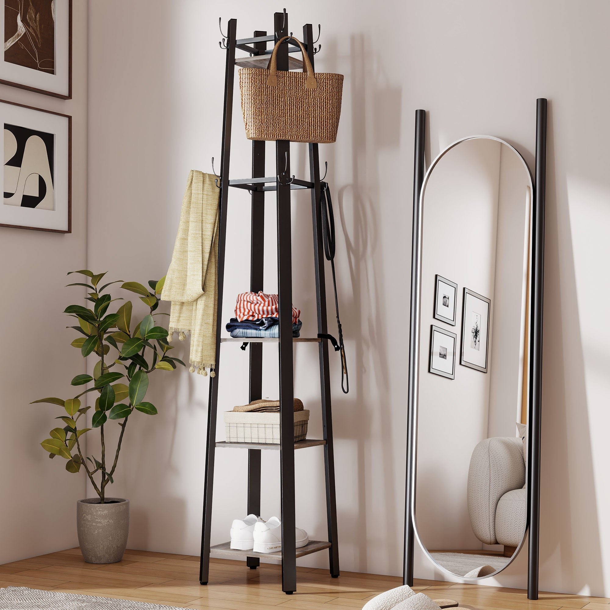 Elegant HOMCOM Industrial Coat Stand with 8 Hooks and 4 Shelves - in Sophisticated Grey