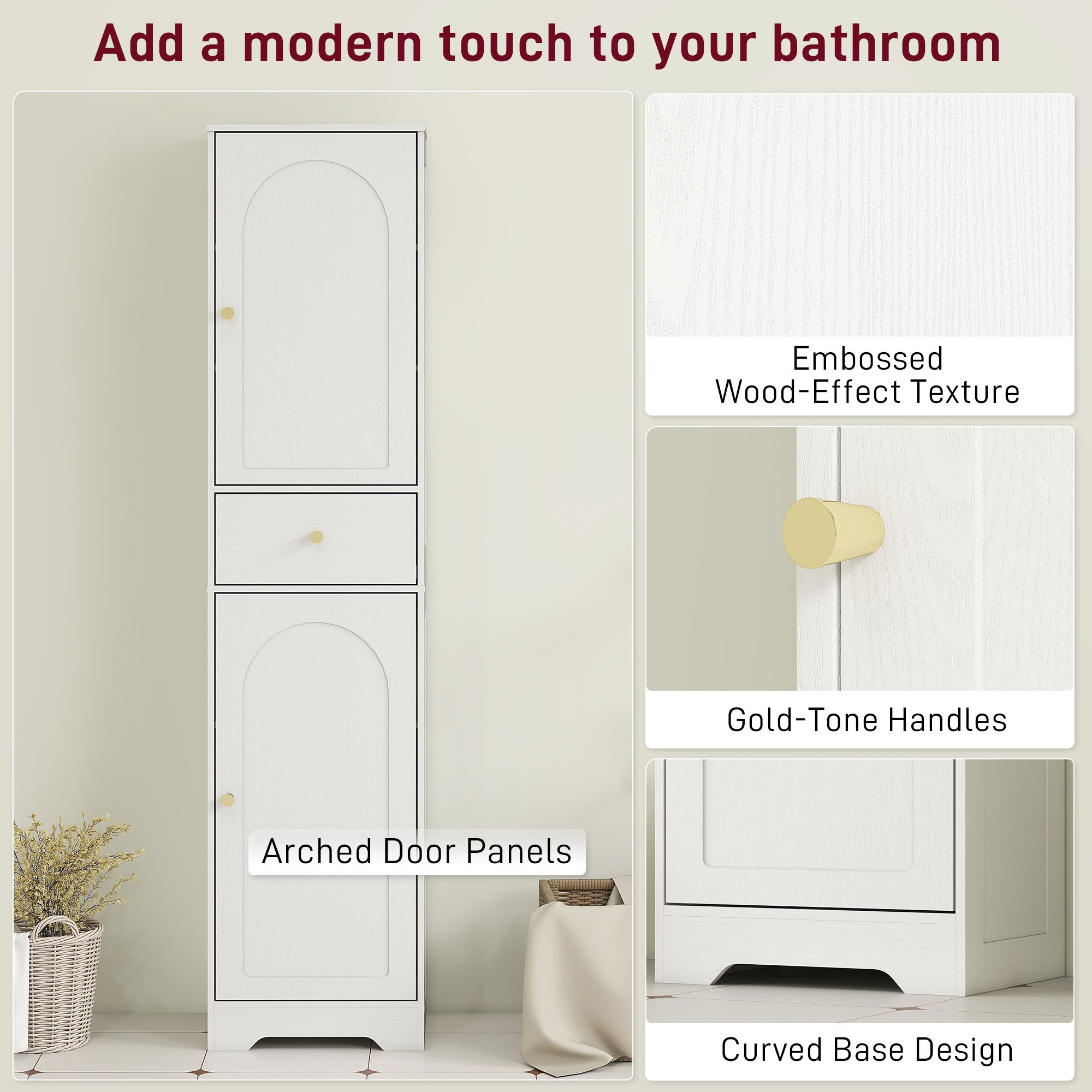 Elegant HOMCOM Tall Bathroom Cabinet with Arched Doors - White