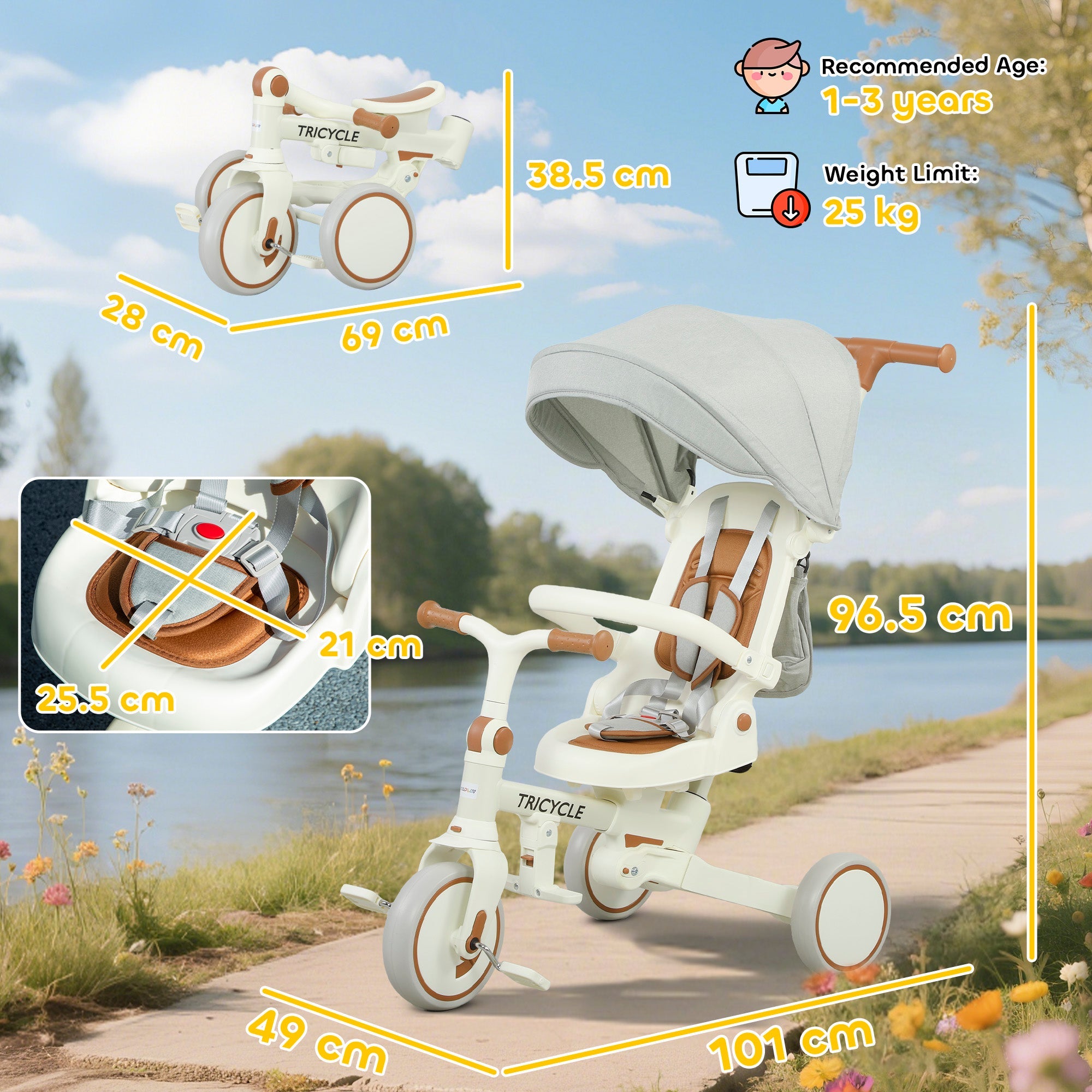 AIYAPLAY 5 in 1 Kids Trike with Adjustable Backrest, Toddler Tricycle with Push Handlebar, Adjustable Backrest, Cream White
