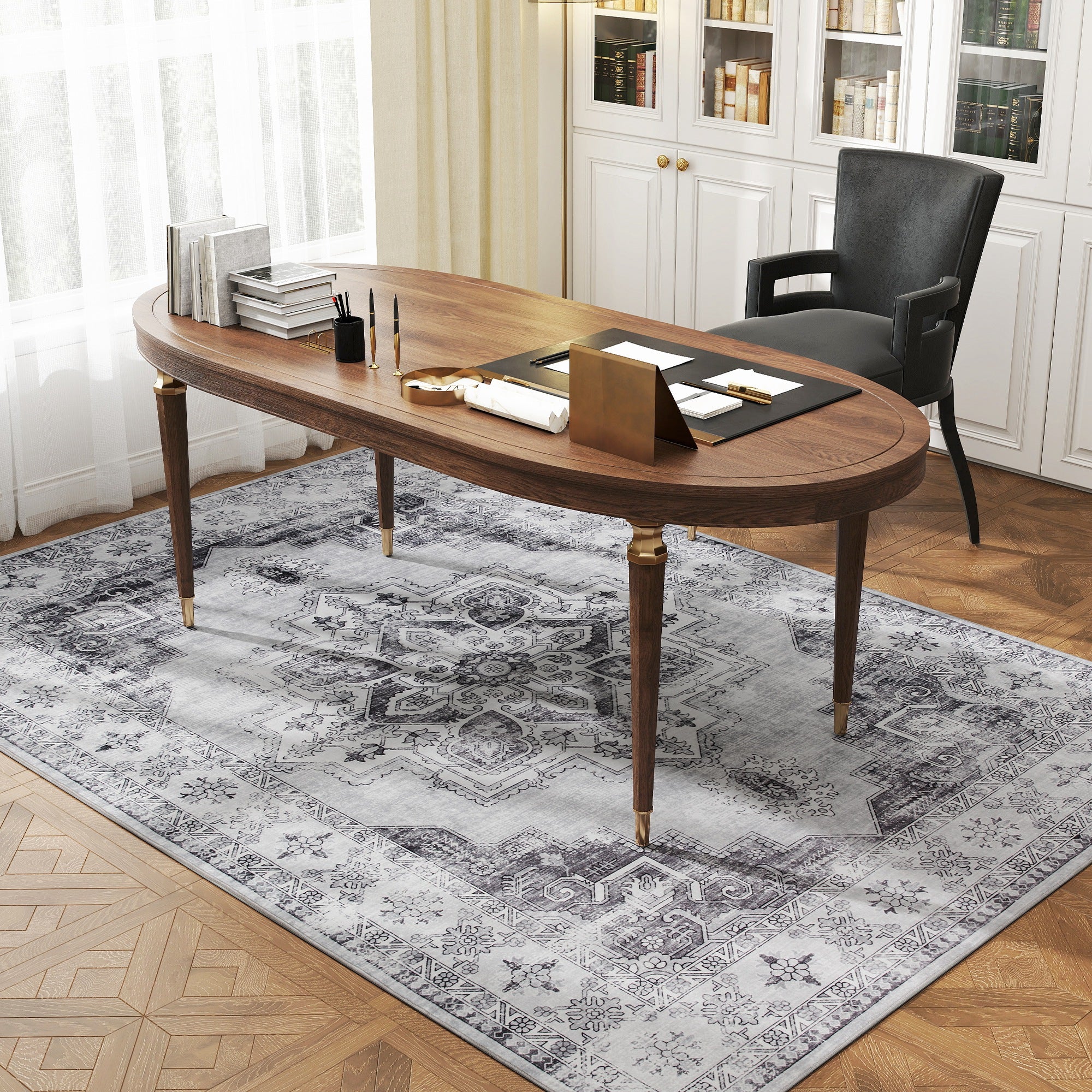 Elegant HOMCOM Vintage Area Rug, Non-Slip Washable Rug, Flannel Floor Carpet for Living Room, Bedroom, Dining Room, Home Office, 230 x 160 cm, in Sophisticated Grey