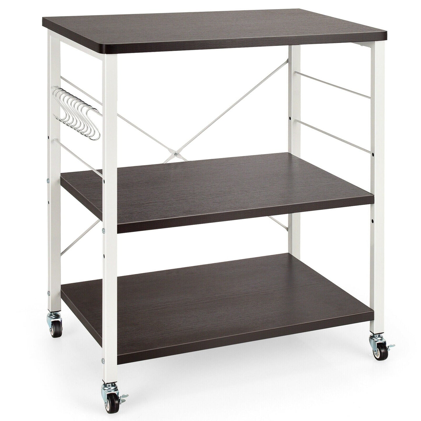 3 Tier Rolling Kitchen Baker's Rack with Adjustable Shelf and Hooks-Net Brown