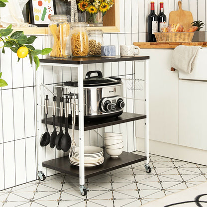 3 Tier Rolling Kitchen Baker's Rack with Adjustable Shelf and Hooks-Net Brown