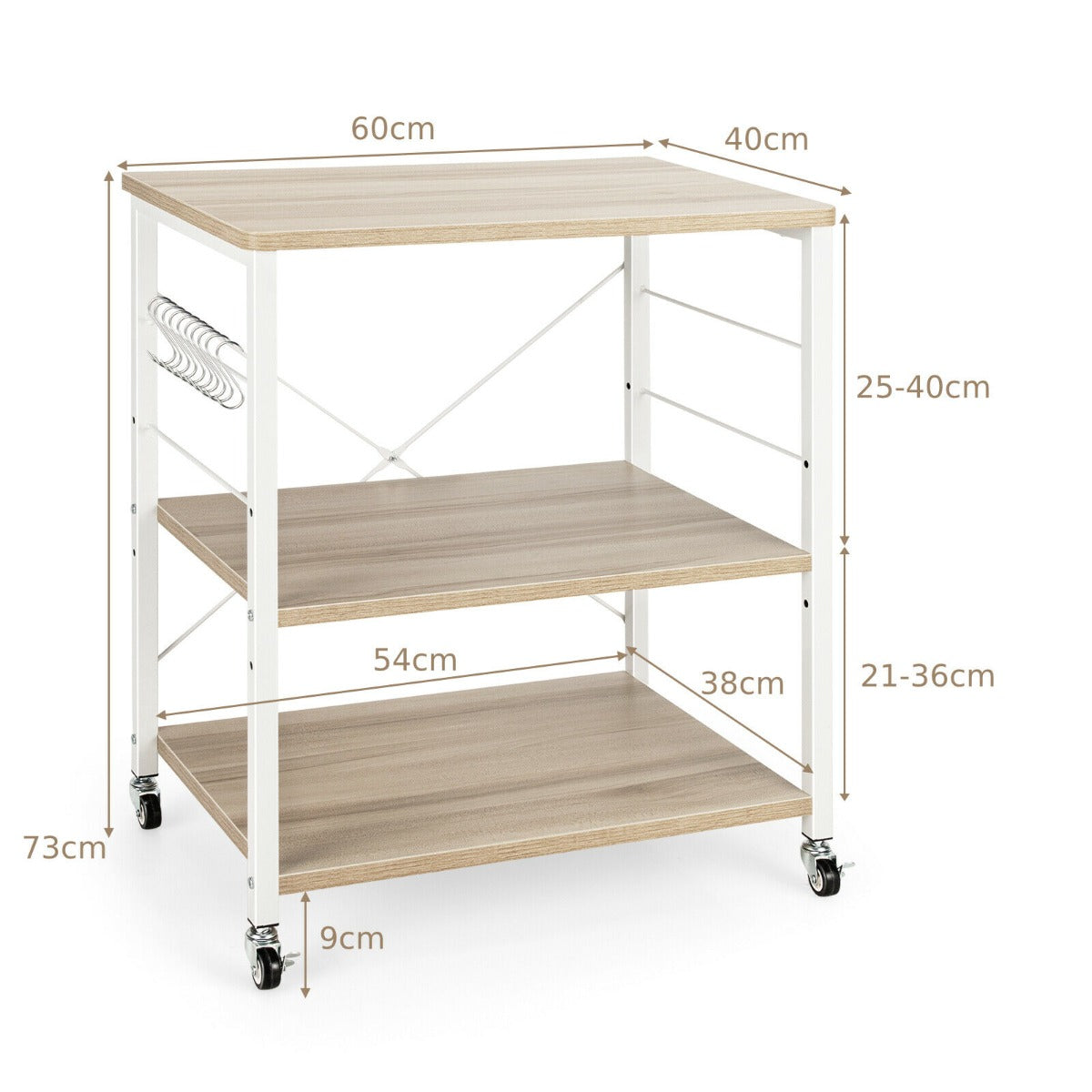 3 Tier Rolling Kitchen Baker's Rack with Adjustable Shelf and Hooks-Net Brown