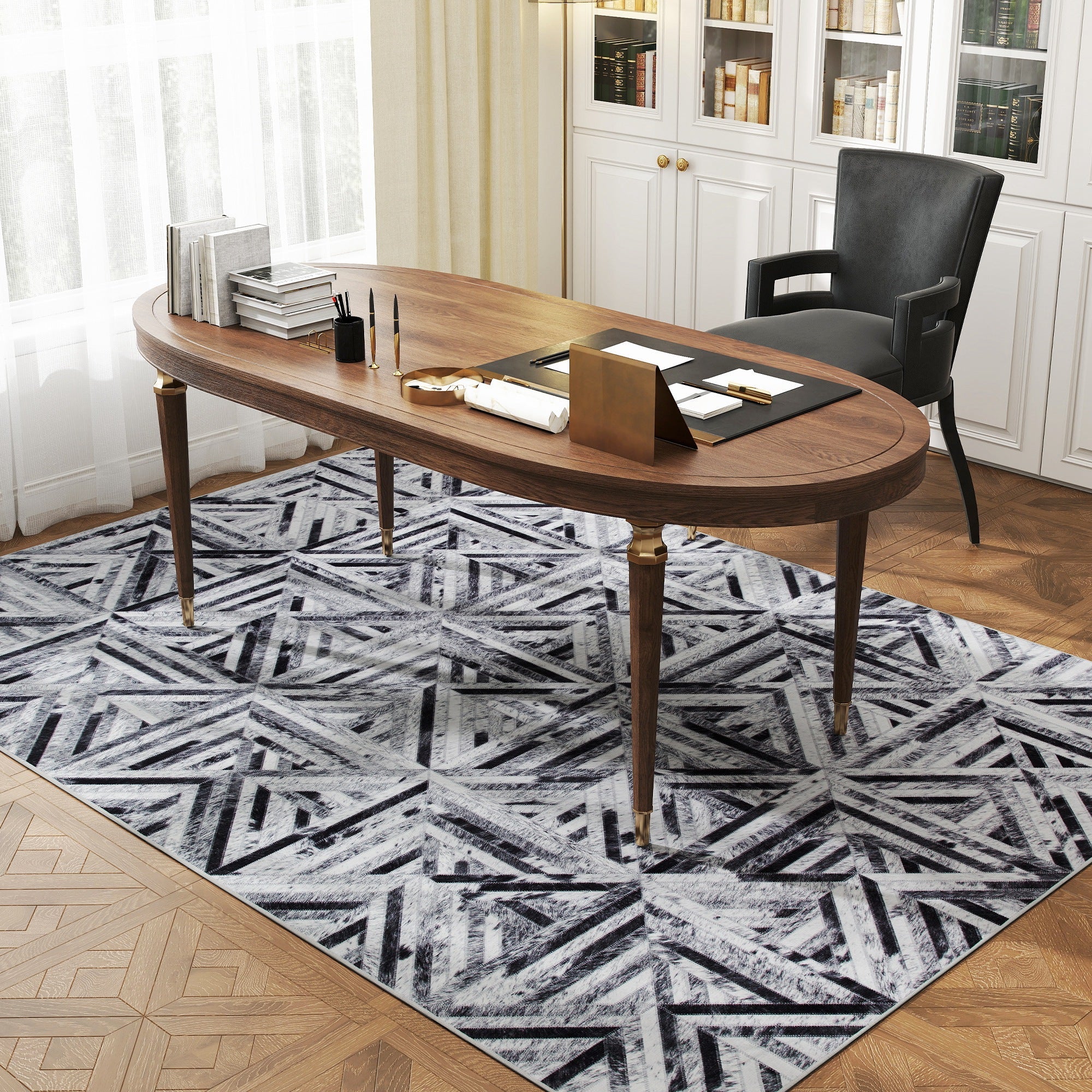 Elegant HOMCOM Modern Area Rug, Triangle Pattern Non-Slip Washable Rug, Chenille Floor Carpet for Living Room, Bedroom, Dining Room, Home Office, 230 x 160 cm, Black