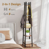 Elegant HOMCOM Industrial Coat Stand with 8 Hooks and 4 Shelves - Rustic Brown