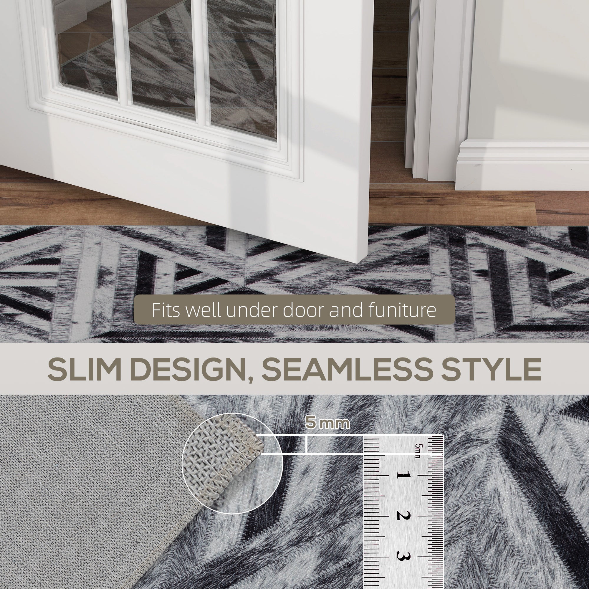 Elegant HOMCOM Modern Area Rug, Triangle Pattern Non-Slip Washable Rug, Chenille Floor Carpet for Living Room, Bedroom, Dining Room, Home Office, 290 x 200 cm, Black