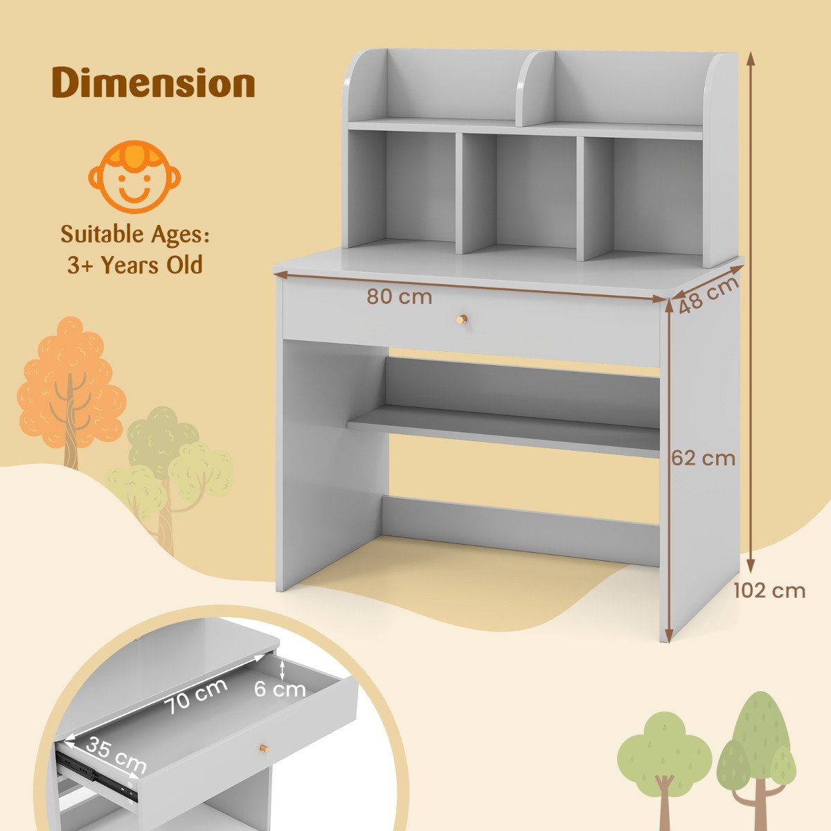 Kids Wooden Study Desk with Drawer and Spacious Storage Shelf-
