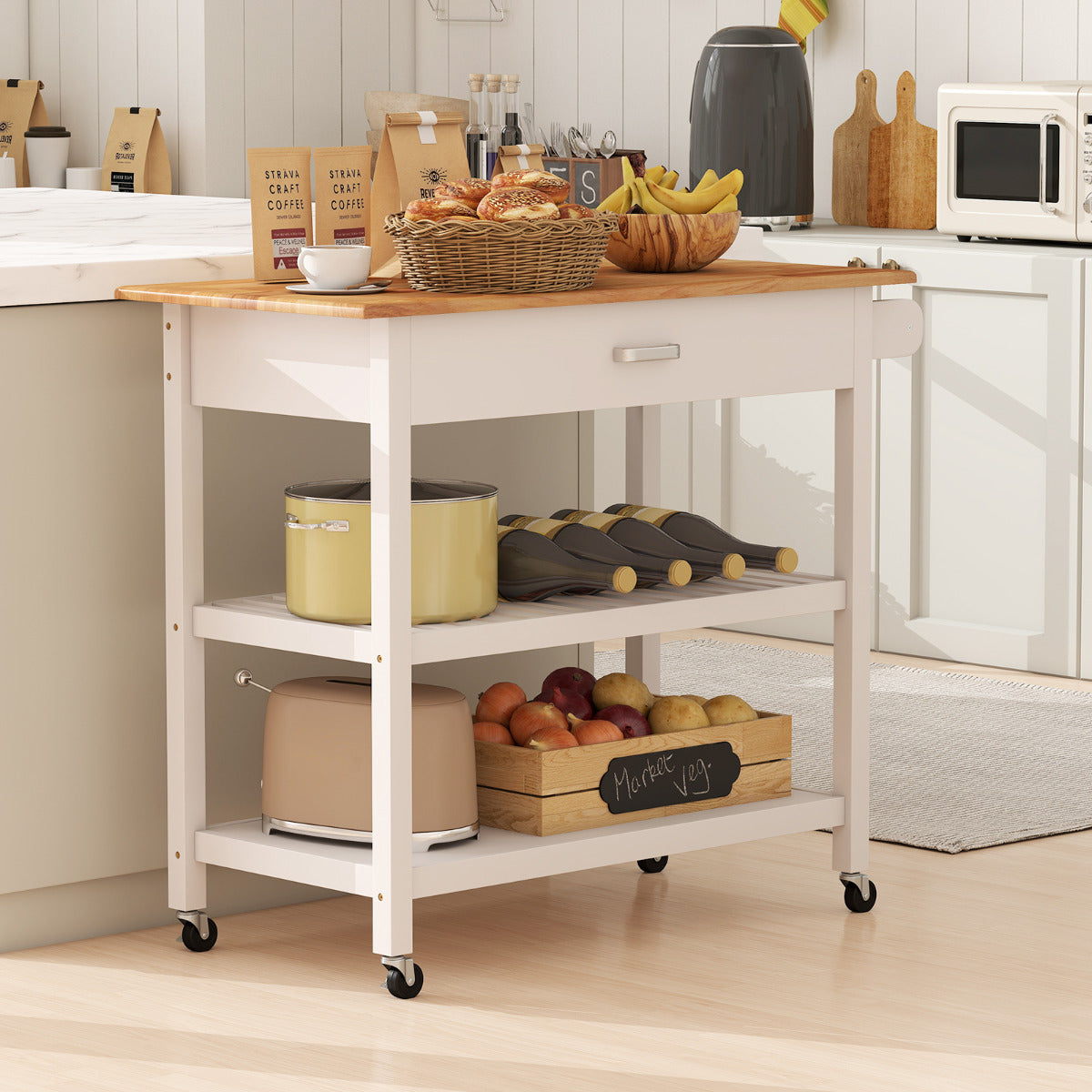 Kitchen Island with Open Shelves and Lockable Casters-