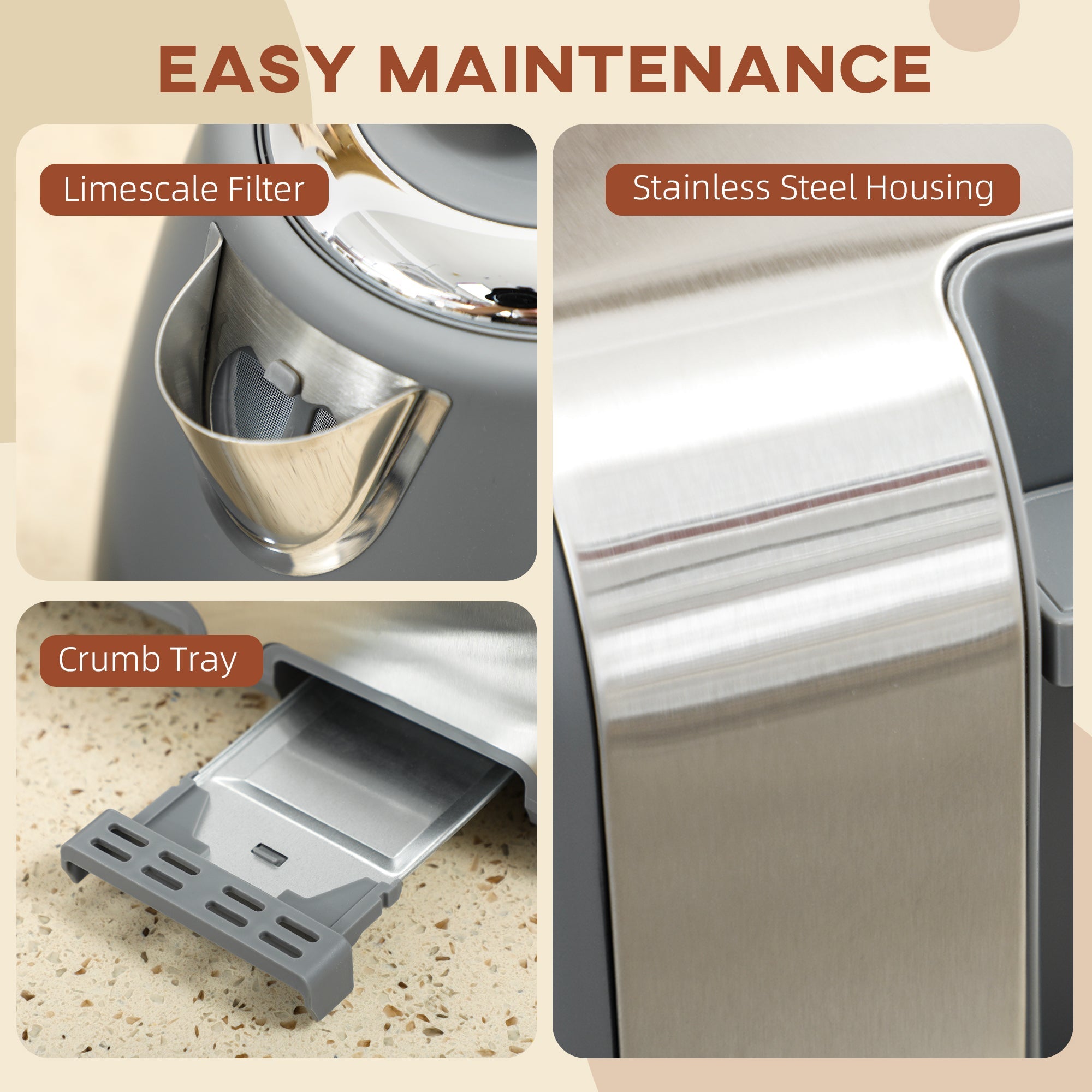 Elegant HOMCOM Stainless Steel Kettle and Toaster Set, 1.7L 3000W Rapid Boil Jug Kettle with UK Strix Thermostat, Limescale Filter, 4 Slice Toaster with 7 Browning Controls, Crumb Tray, in Sophisticated Grey and Silver Tone