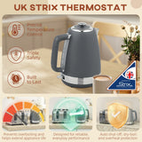 Elegant HOMCOM Stainless Steel Kettle and Toaster Set, 1.7L 3000W Rapid Boil Jug Kettle with UK Strix Thermostat, Limescale Filter, 4 Slice Toaster with 7 Browning Controls, Crumb Tray, in Sophisticated Grey and Silver Tone