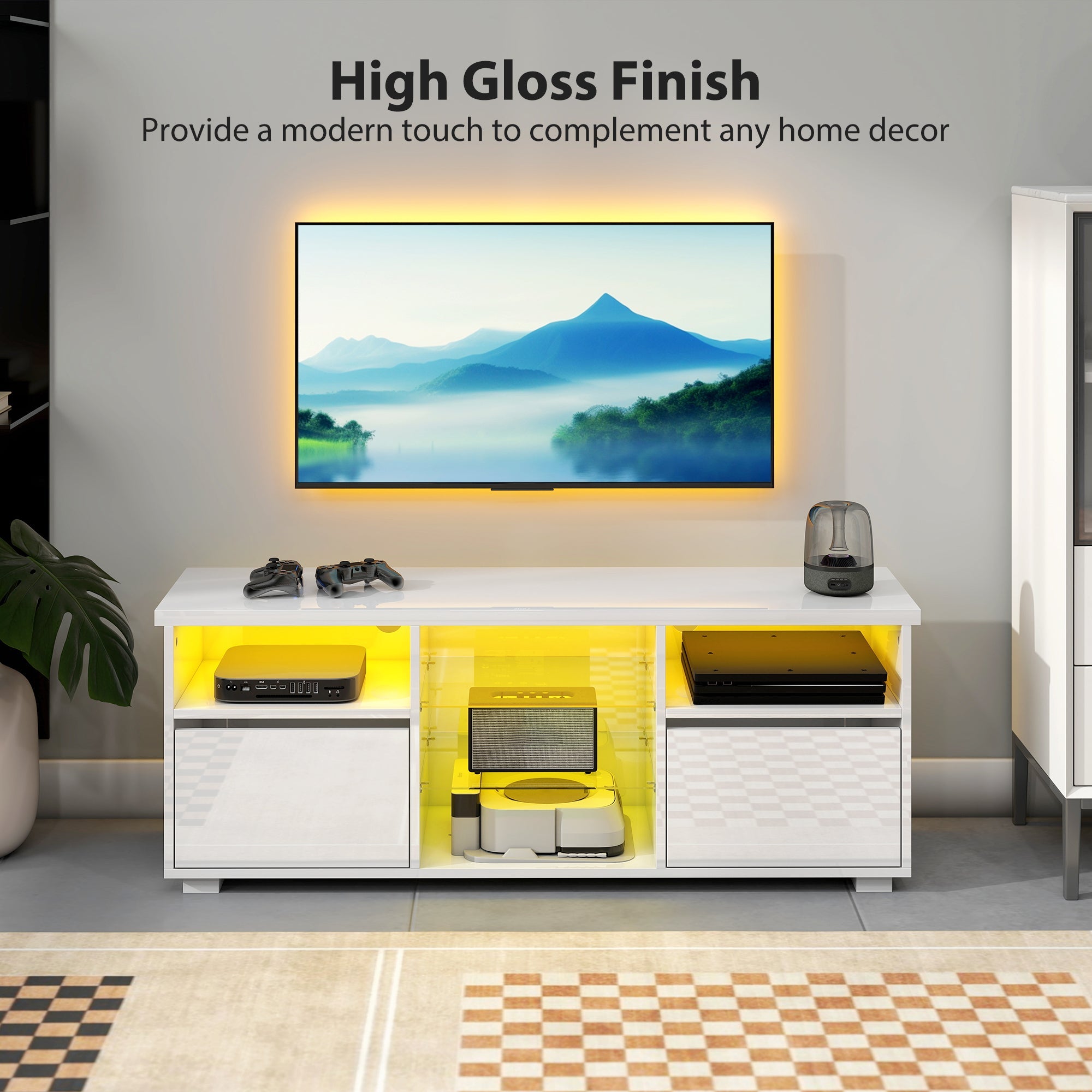 Elegant HOMCOM TV Stand Cabinet with LED Lights - High Gloss White