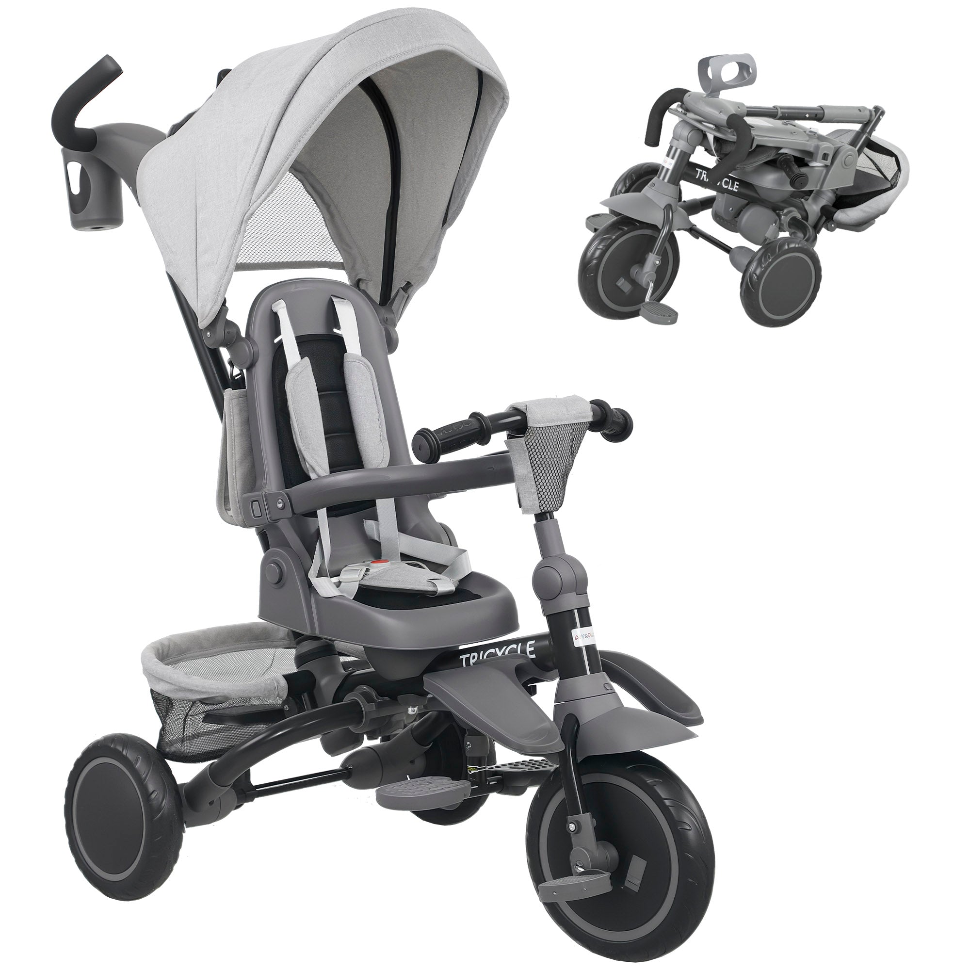 AIYAPLAY 6 in 1 Foldable Kids Trike with Adjustable Parent Handle & Canopy for Ages 1-5, in Sophisticated Grey