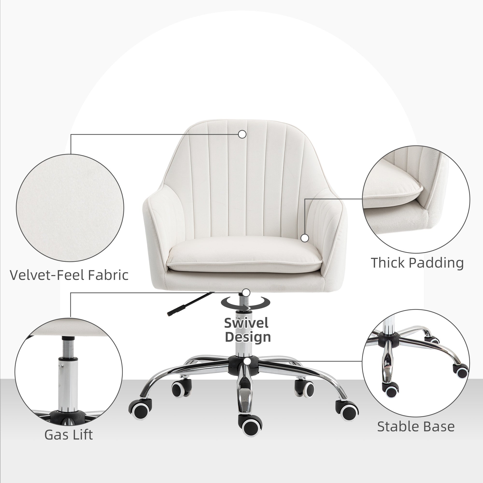 Elegant HOMCOM Velvet-Feel Office Chair with Adjustable Height and Wheels - Cream White