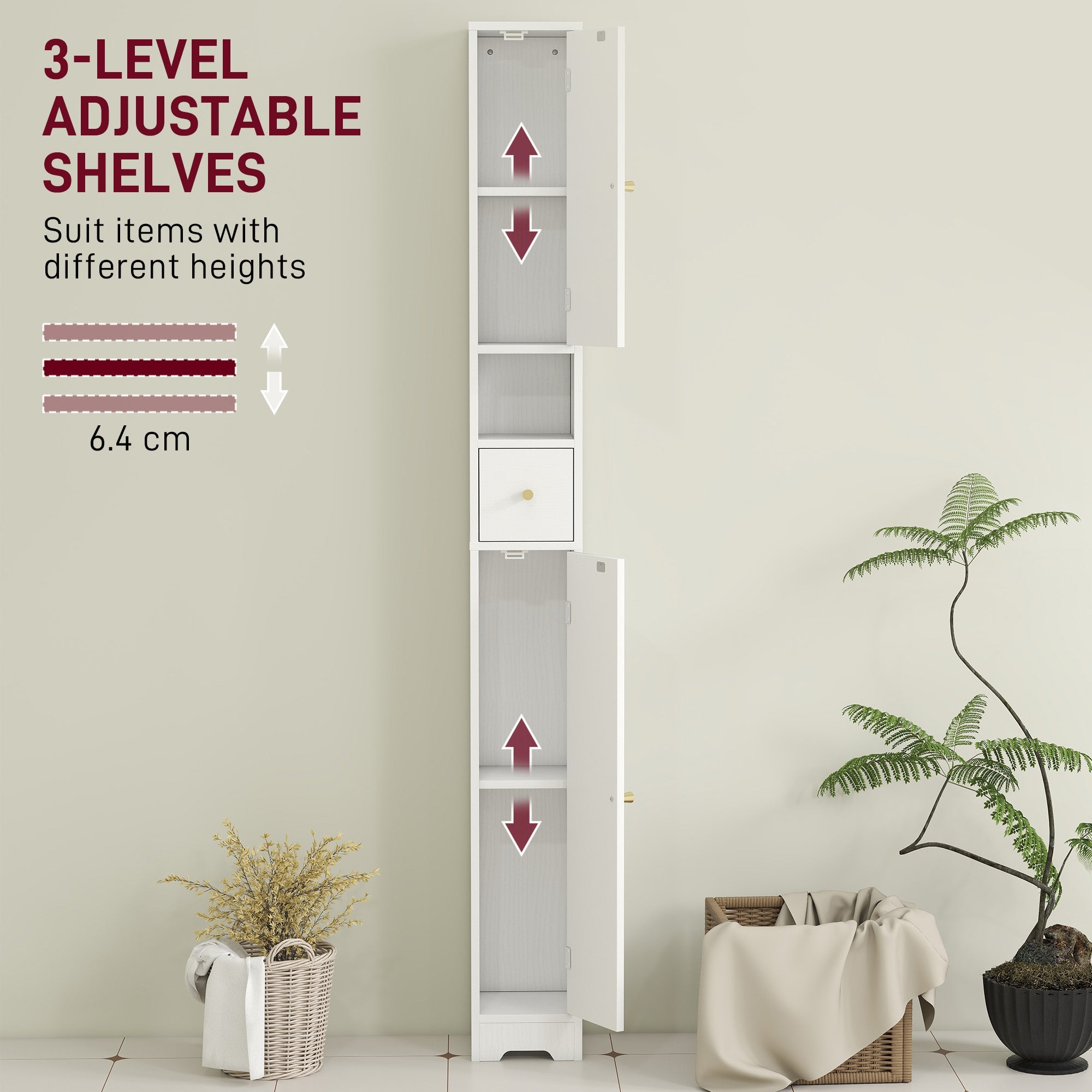 Elegant HOMCOM 185 cm Tall Bathroom Cabinet with Arched Doors - White