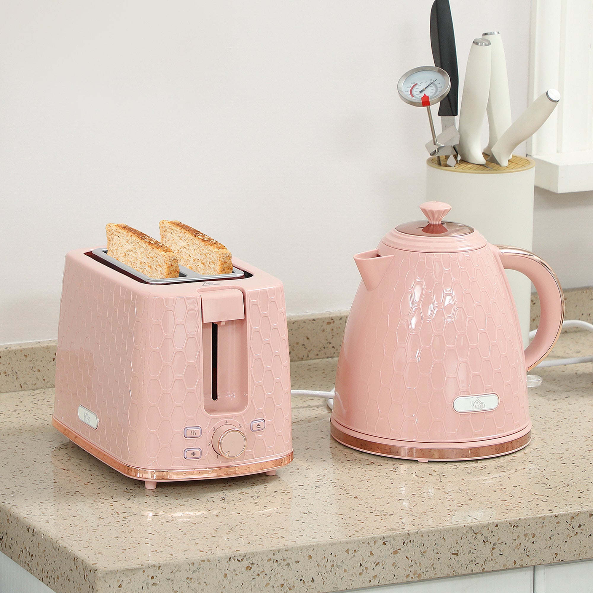 Elegant HOMCOM 1.7L 3000W Fast Boil Kettle & 2 Slice Toaster Set, Kettle and Toaster Set with Auto Shut Off, Browning Controls, Light Pink