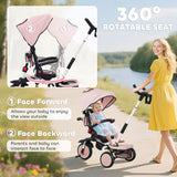 AIYAPLAY 6 in 1 Foldable Kids Trike with Adjustable Parent Handle & Canopy for Ages 1-5, Pink