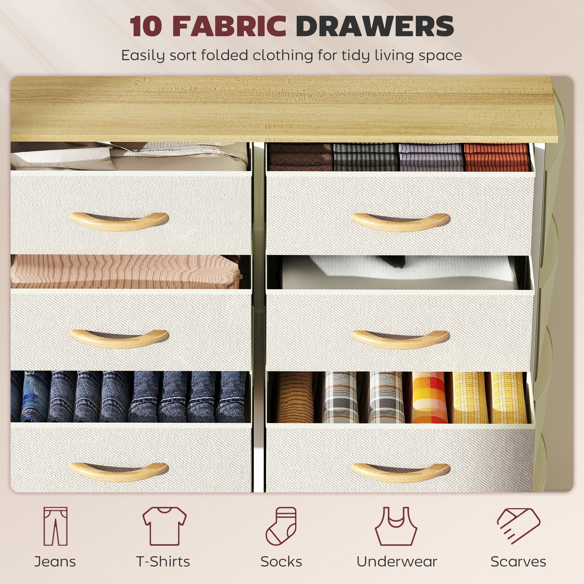 Elegant HOMCOM Chest of Ten Fabric Drawers - Beige