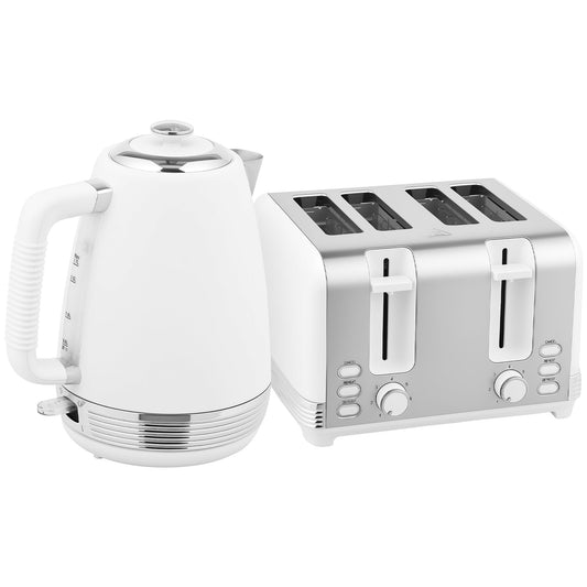 Elegant HOMCOM Stainless Steel Kettle and Toaster Set, 1.7L 3000W Rapid Boil Jug Kettle with UK Strix Thermostat, Limescale Filter, 4 Slice Toaster with 7 Browning Controls, Crumb Tray, White and Silver Tone