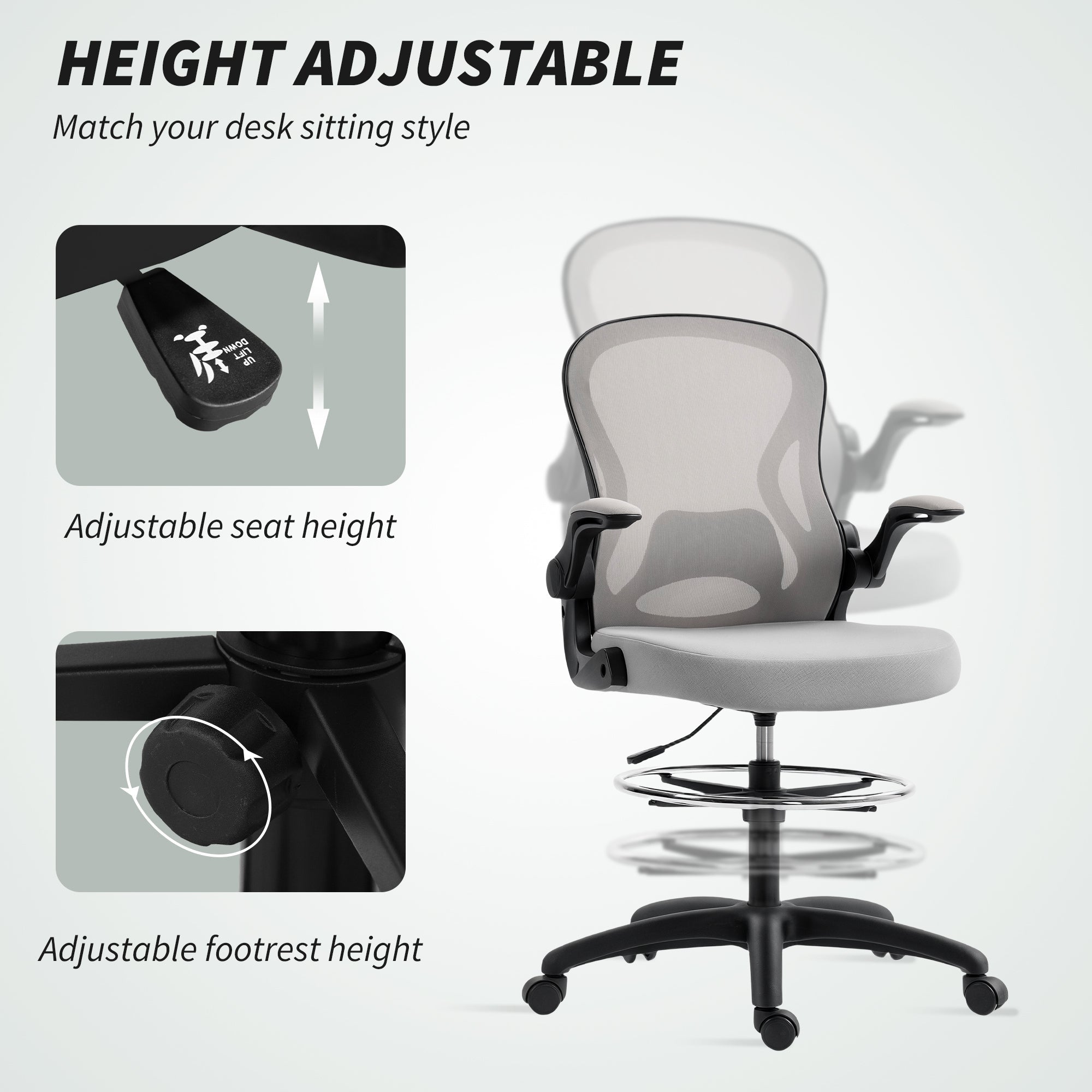 Vinsetto Adjustable Mesh Standing Desk Chair with Flip-up Armrests Lumbar Support Armrests Adjustable Footrest Ring in Sophisticated Grey