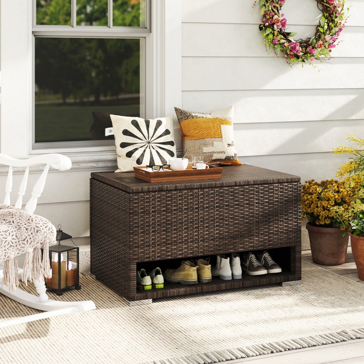PE Rattan Spacious Storage Bin with Waterproof Liner and Shoe Rack