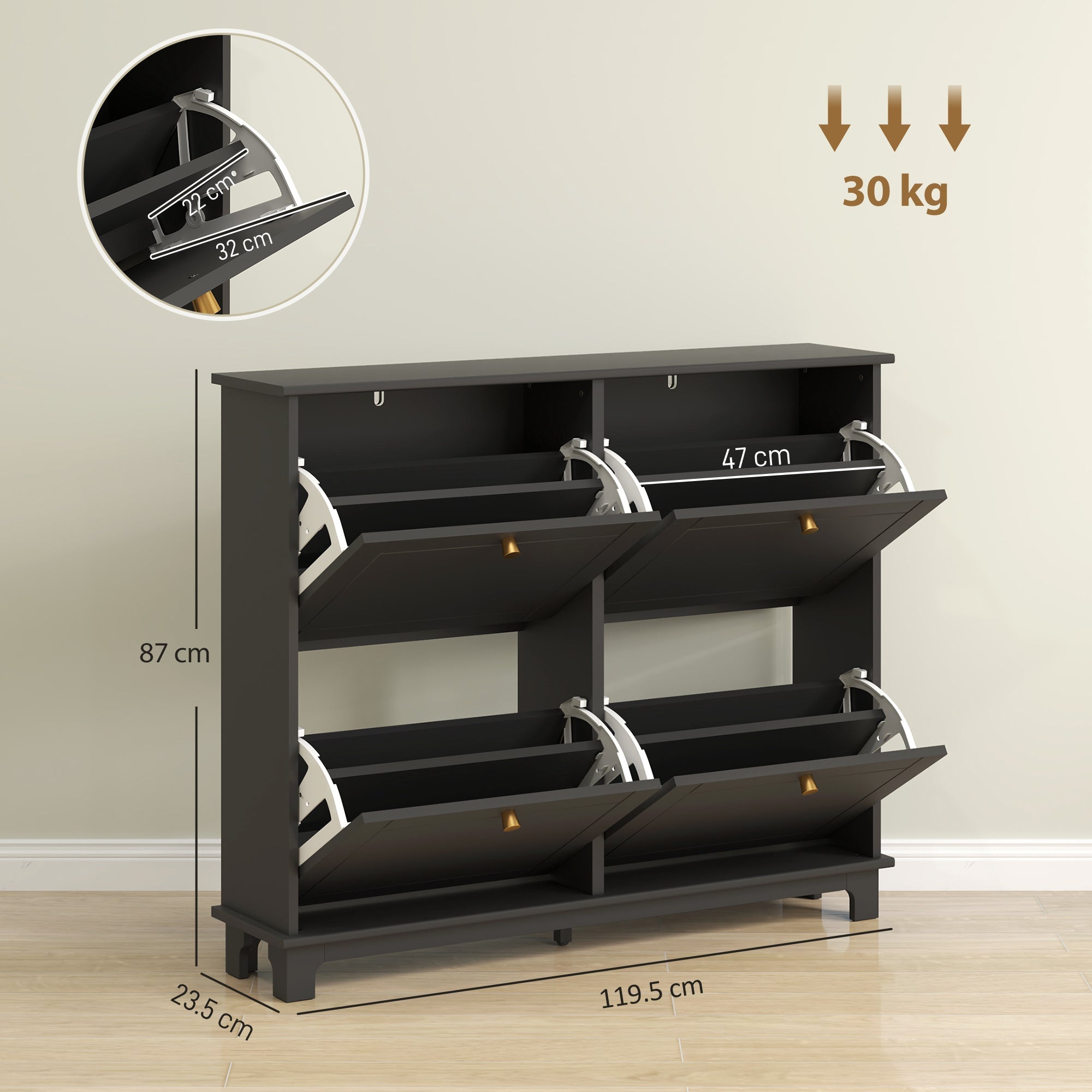 Elegant HOMCOM Narrow Shoe Spacious Storage Cabinet, Slim Shoe Cabinet with 4 Flip Drawers, Adjustable Shelves for 16 Pairs of Shoes, Black