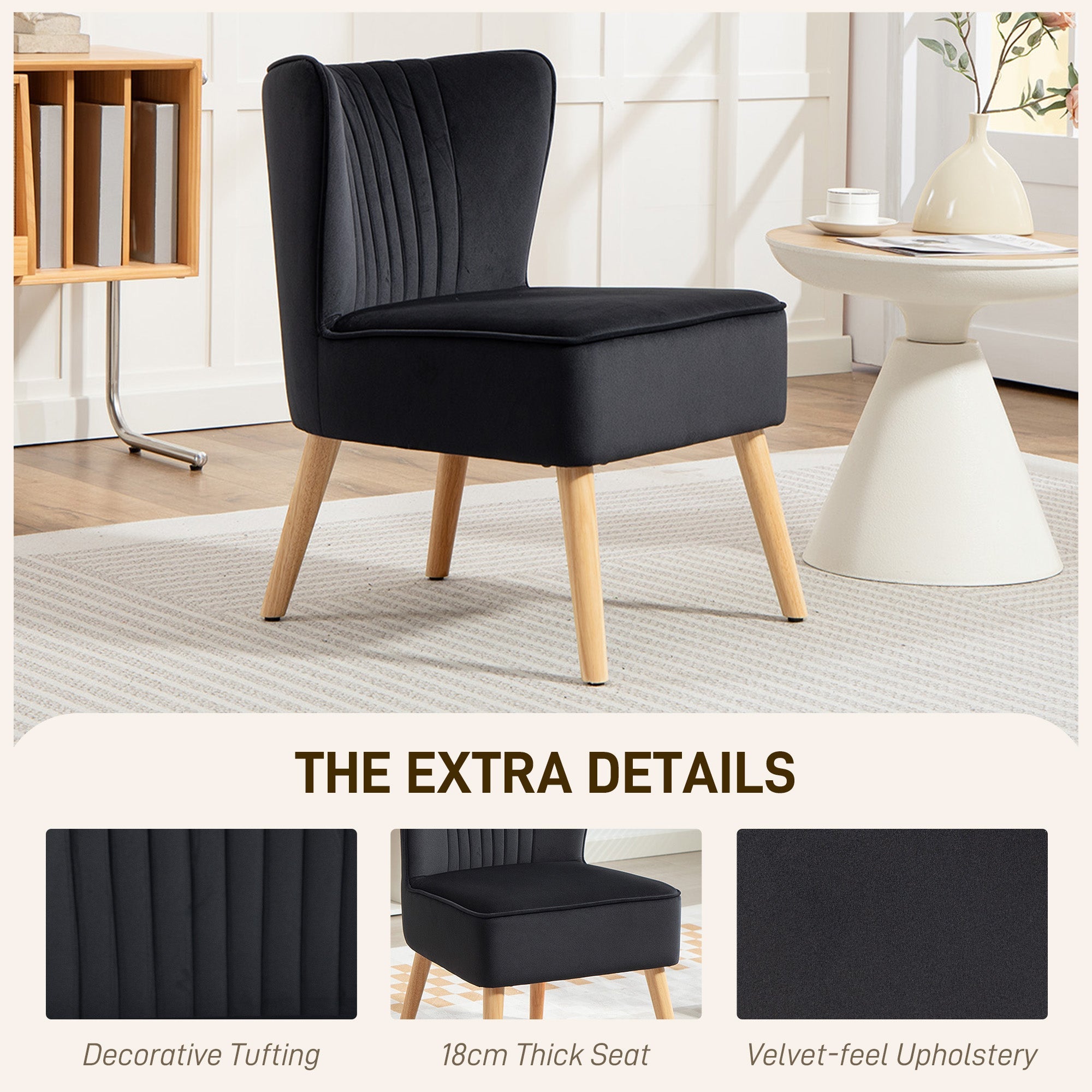 Elegant HOMCOM Modern Accent Chair, Fabric Living Room Chair with Rubber Wood Legs and Thick Padding, Black