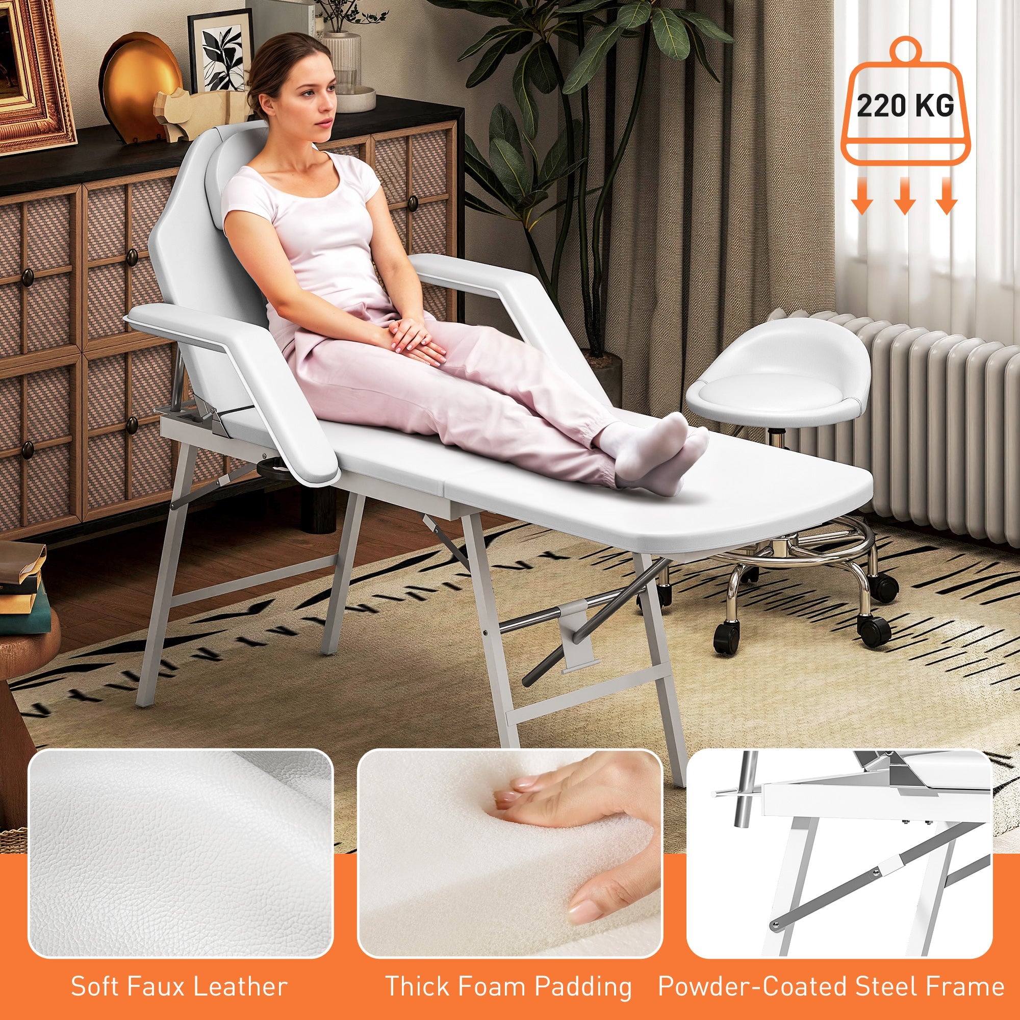 Elegant HOMCOM Portable Massage Table, 3 Section Adjustable Beauty Bed, Foldable Massage Bed with Face Hole, Recliner Chair with Removable Headrest and Armrests for Spa, Lash, Tattoo, White