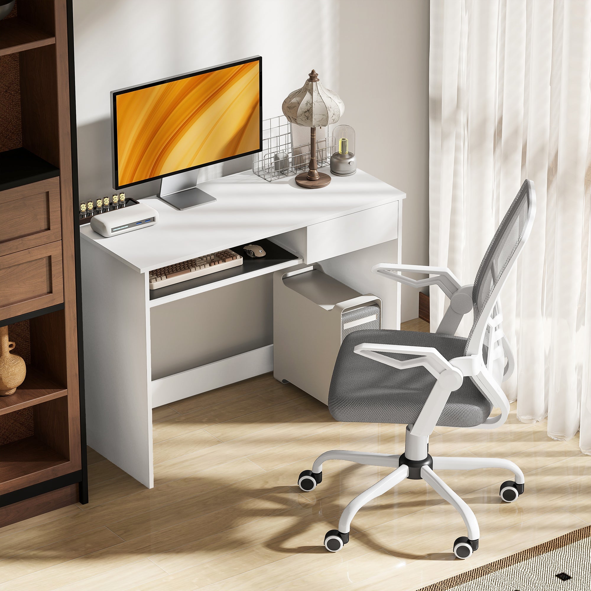 Vinsetto Home Office Chair and Computer Desk Set, Mesh Chair with with 90° Flip-up Armrest, Study Desk with Keyboard Tray and Drawer, White and in Sophisticated Grey