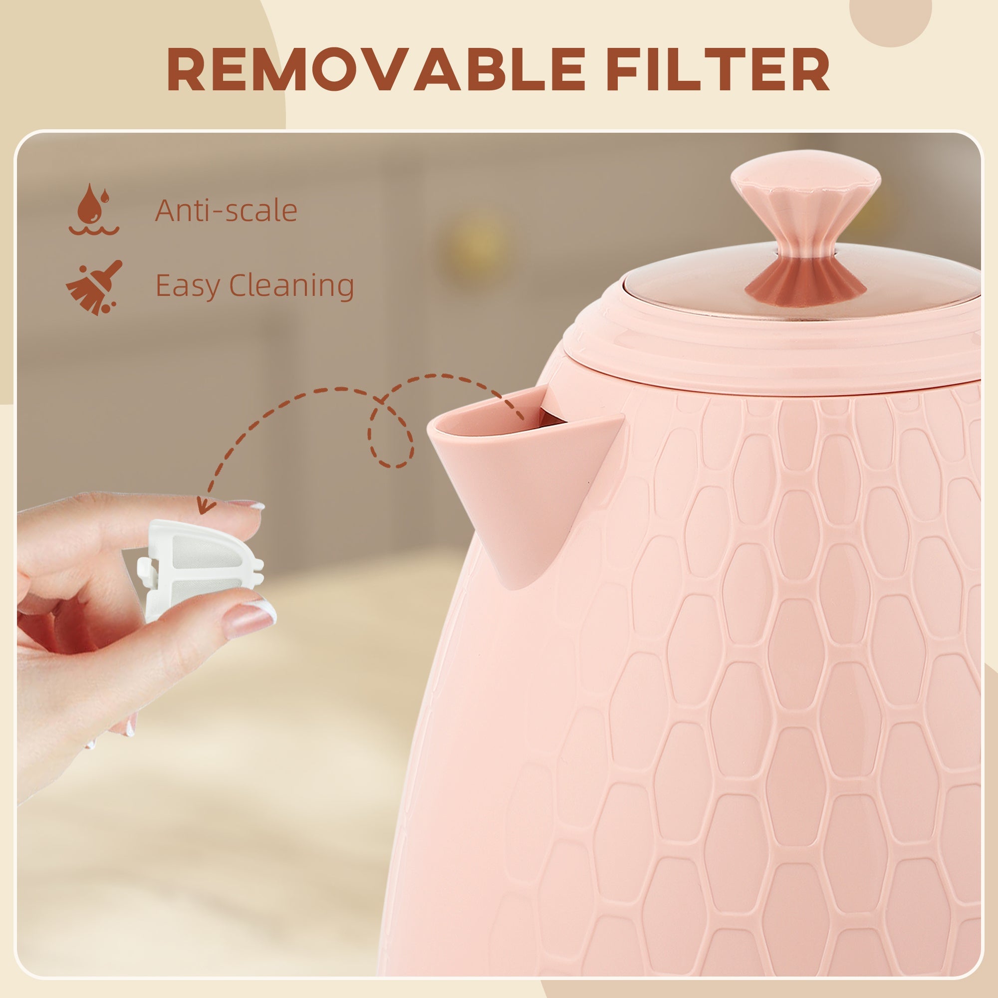 Elegant HOMCOM 3kW Rapid Boil Honeycomb Kettle - Light Pink
