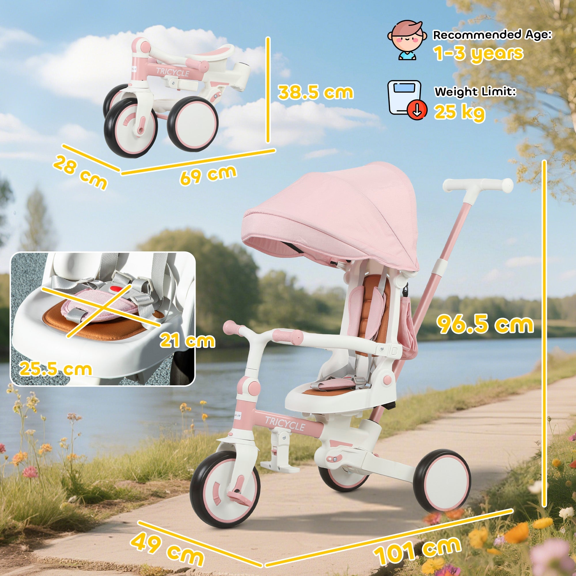 AIYAPLAY 5 in 1 Kids Trike with Adjustable Backrest, Toddler Tricycle with Push Handlebar, Adjustable Backrest, Pink